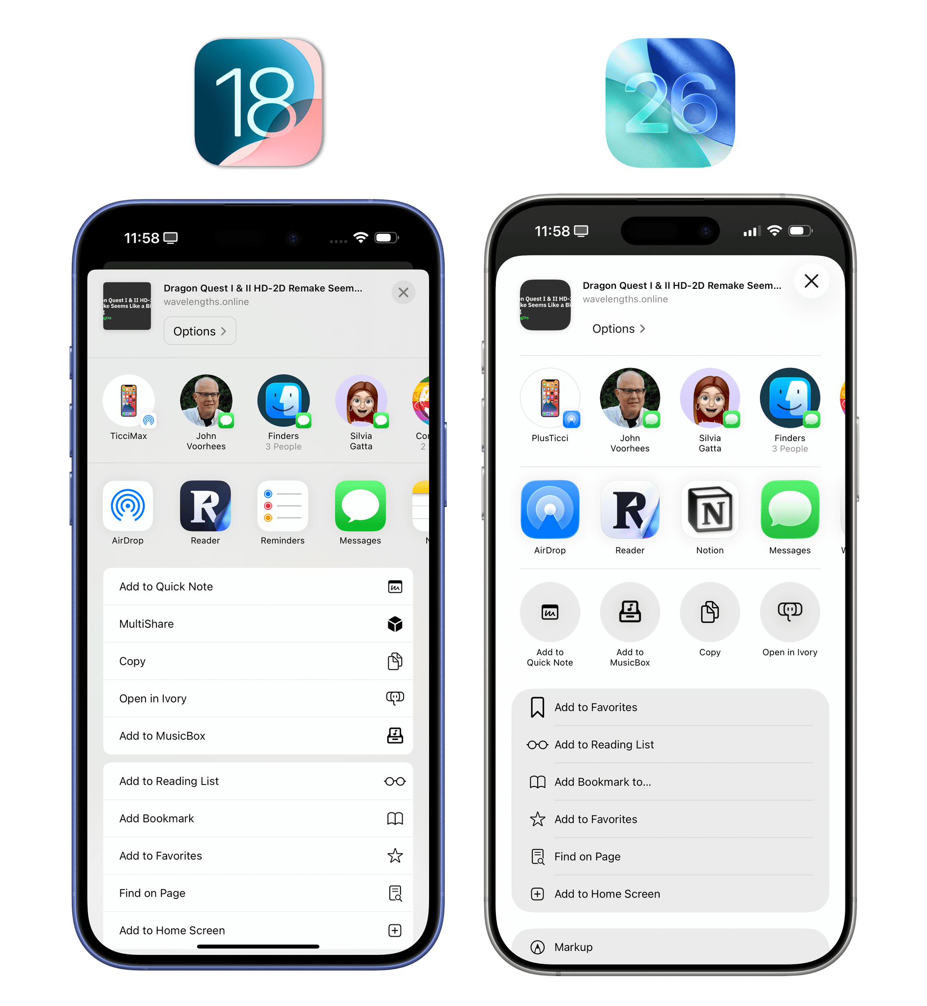 When the share sheet is expanded, the material is more similar to iOS 18’s. However, everything is more rounded, and glyphs are left-aligned.