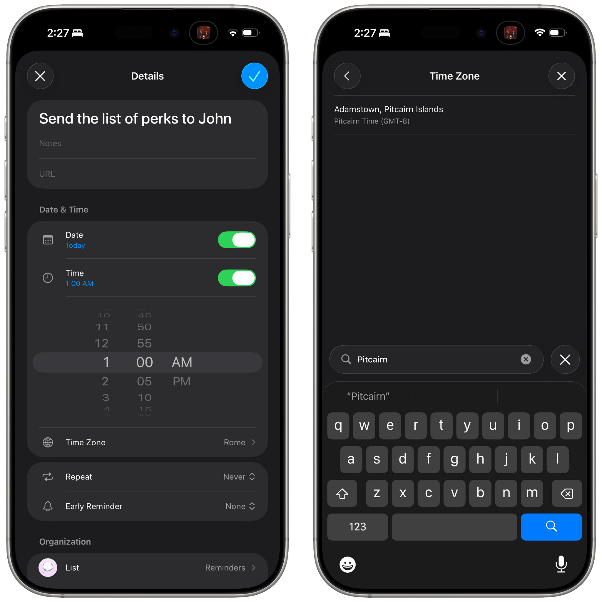 Changing the time zone for a reminder.