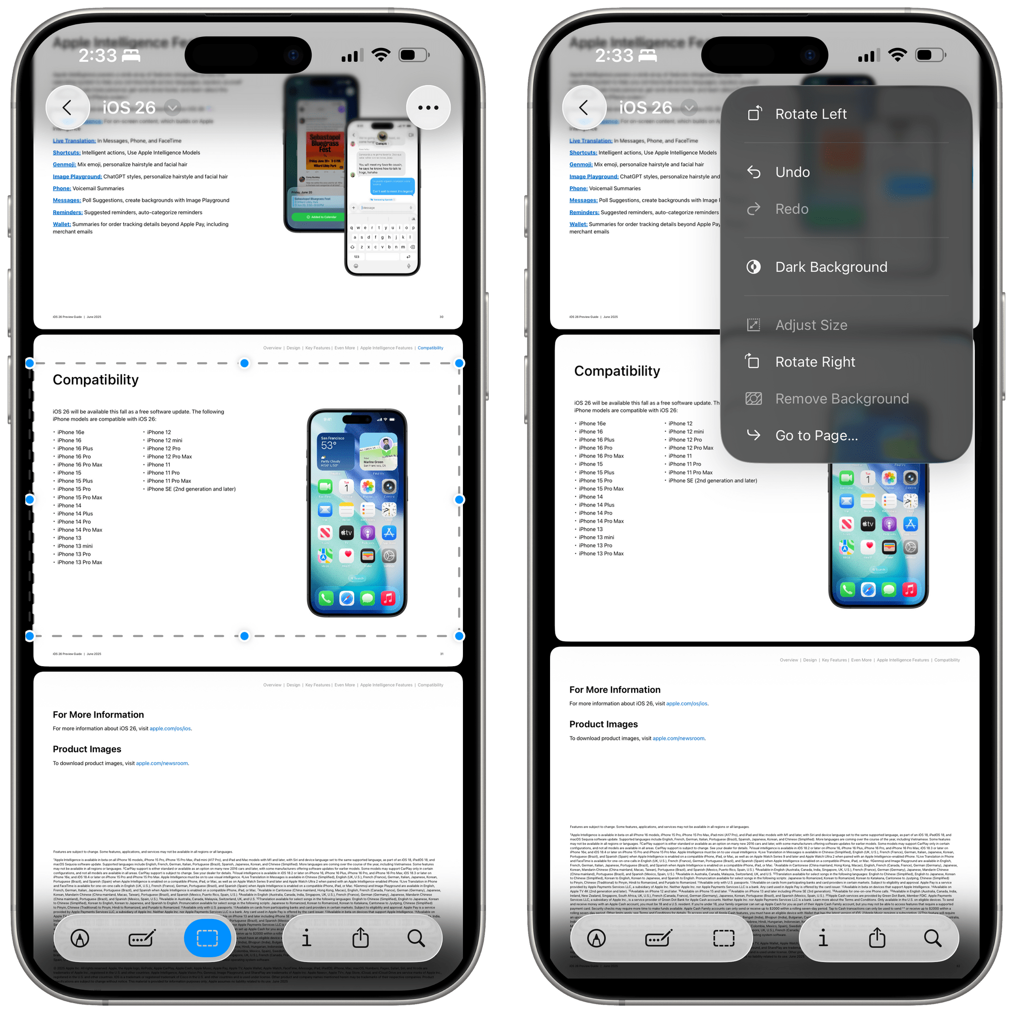Cropping PDF pages in Preview for iOS.