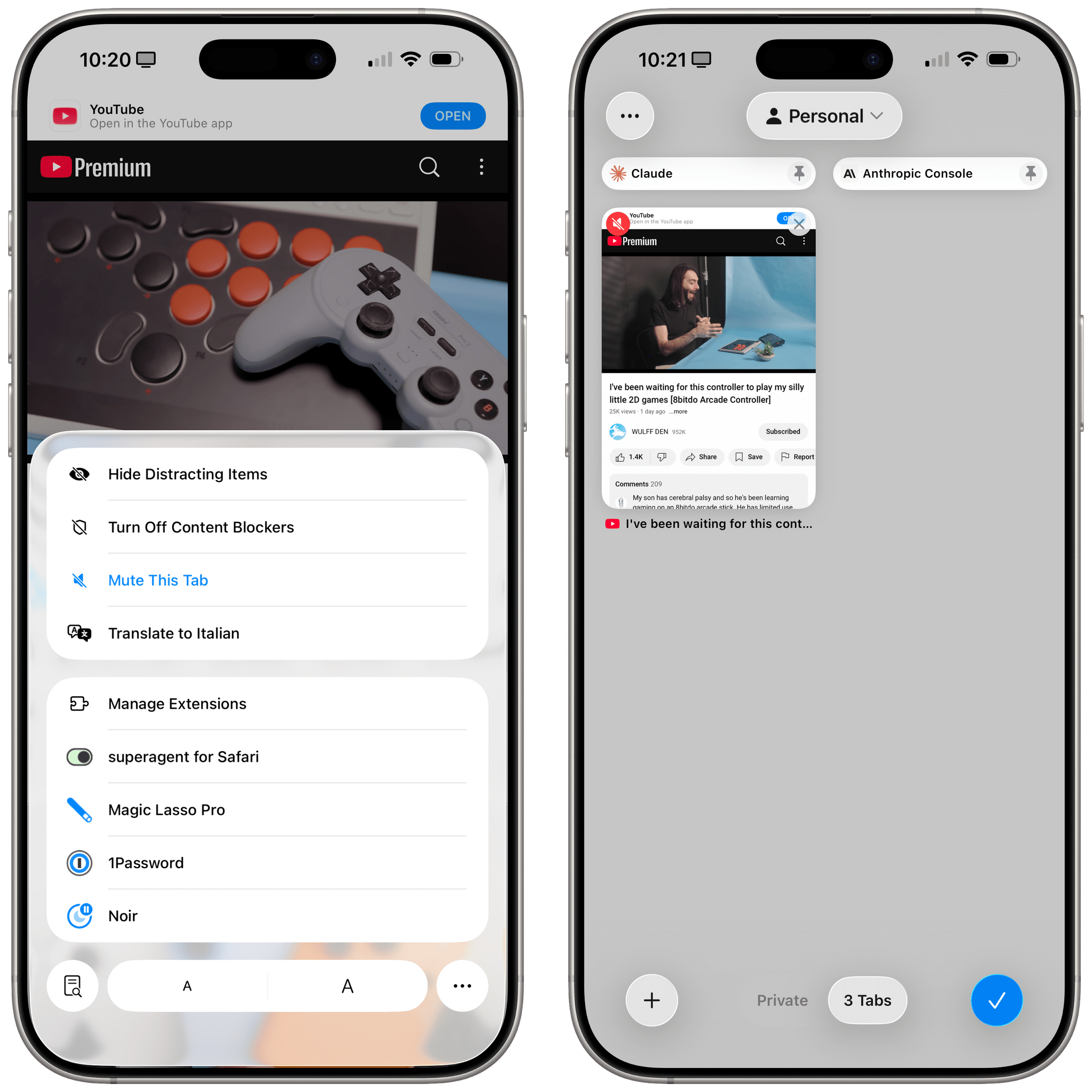 Muting tabs in Safari. Notice the red mute icon on the tab thumbnail (right).