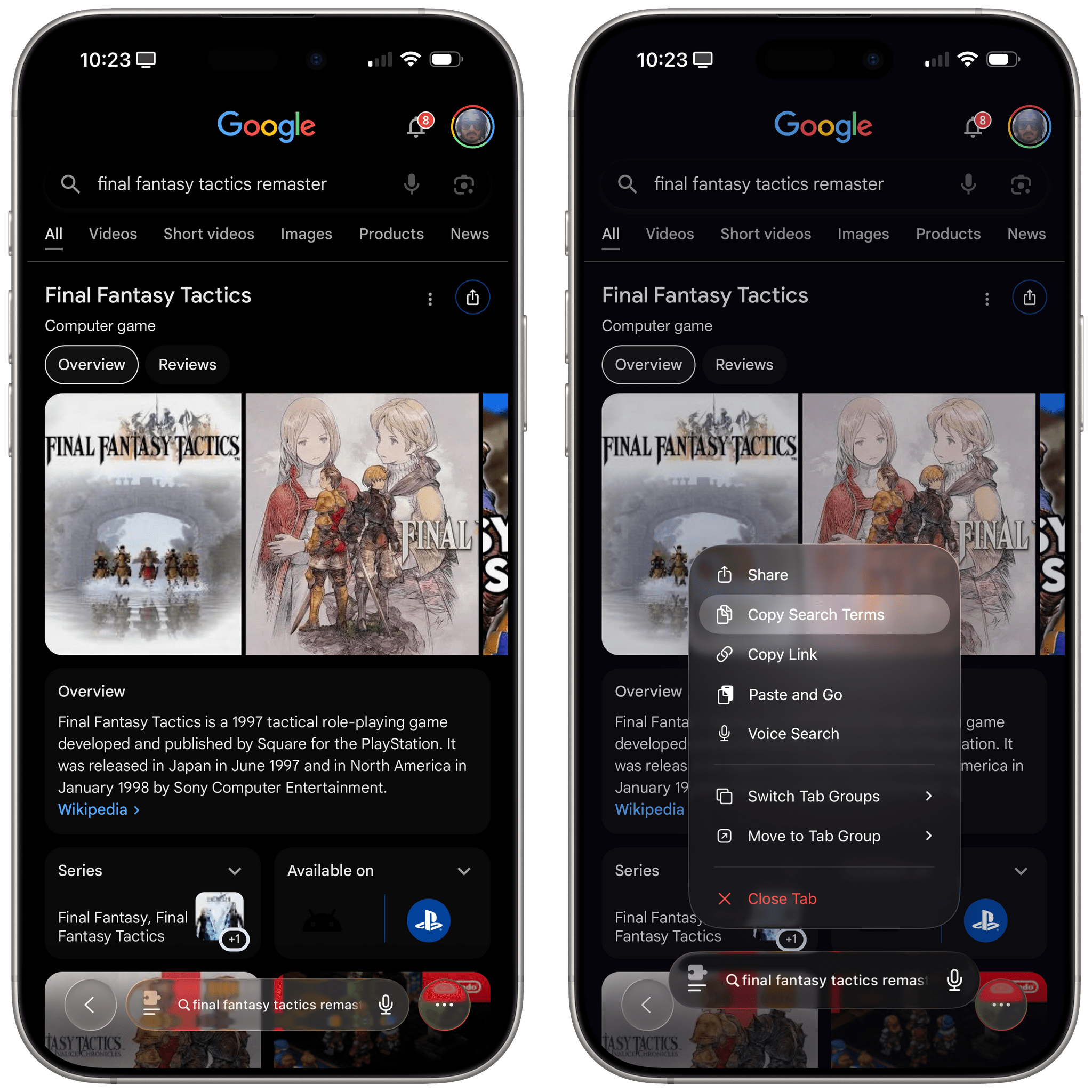Copying search terms in Google search results in Safari.