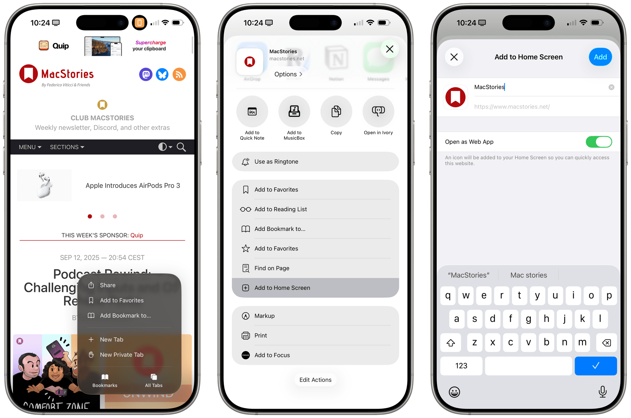 The new flow for saving web apps to the Home Screen.