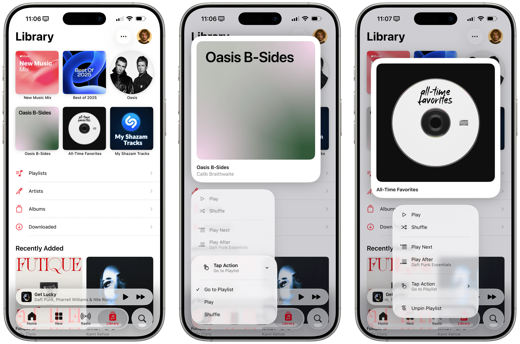 Pins in the Music app. Pinned items also support “tap actions” to choose what Music should do when you tap on them.