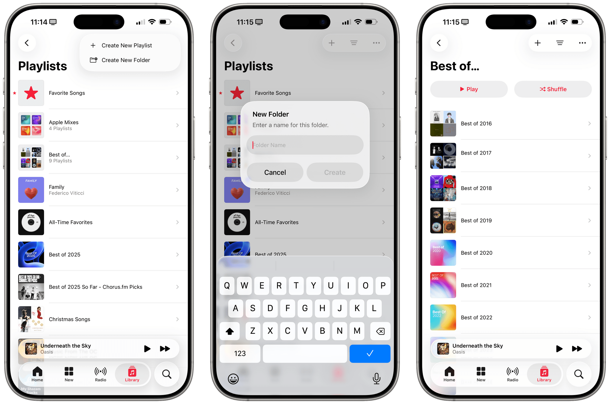 Playlist folders in the Music app. (On iPad, playlist folders can be expanded and collapsed in the sidebar.)