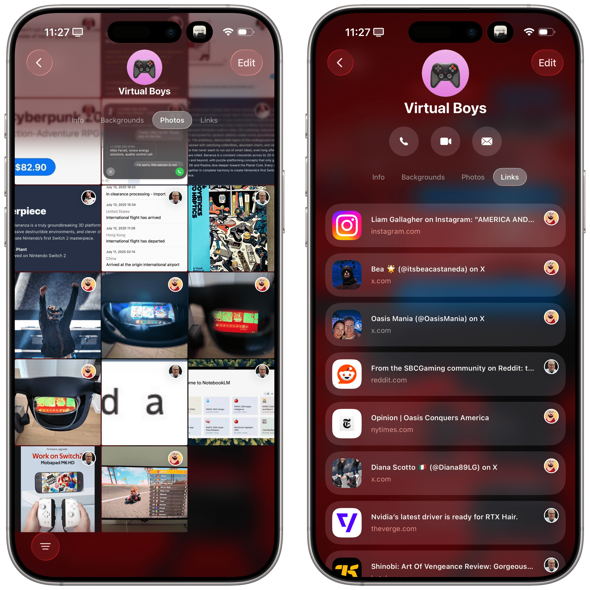 The new sections to browse attachments and links. Lots of Oasis going on in the group chat.
