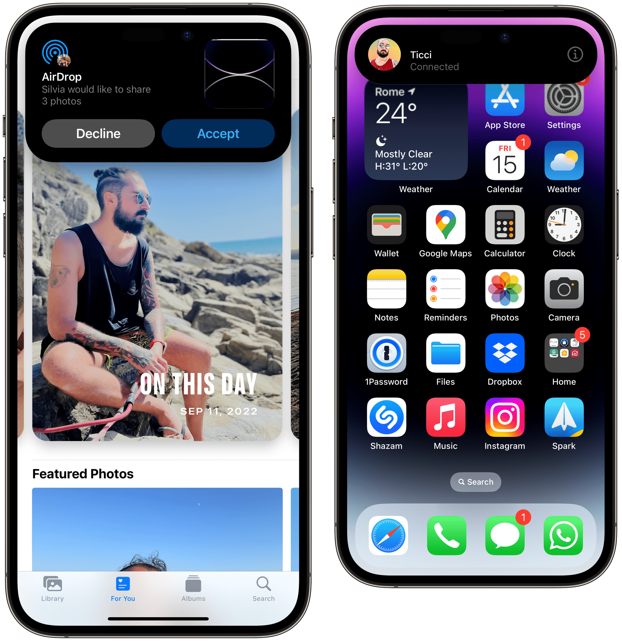 When you're not using proximity-based sharing, AirDrop alerts will be displayed in the Dynamic Island (left). The Dynamic Island is also used to show you other people's connected devices that are ready to receive shared items.