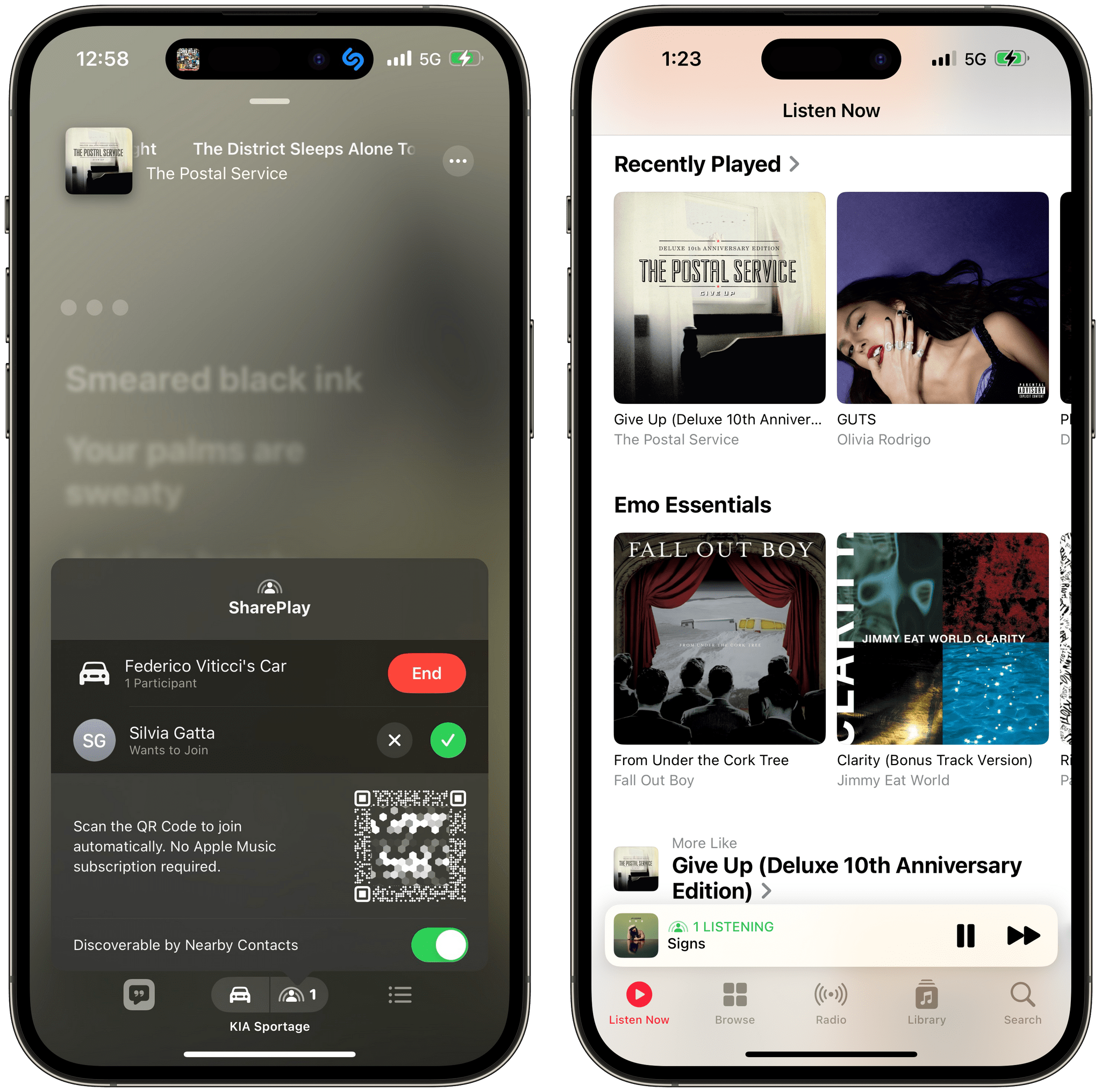 The new SharePlay menu in Apple Music (left) lets other people join by scanning a QR code. Once they've joined, you'll see a green indicator in the mini player at the bottom.