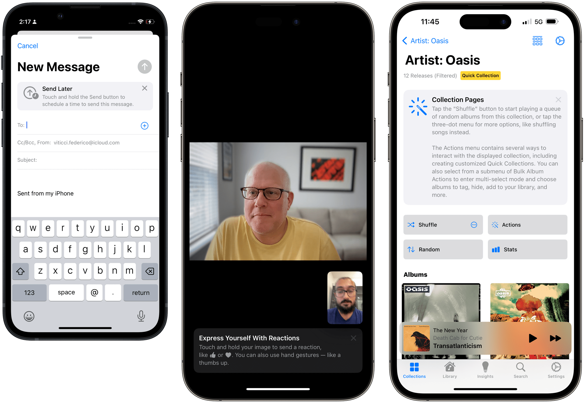 Different styles of TipKit-powered messages in Mail, FaceTime, and Albums.