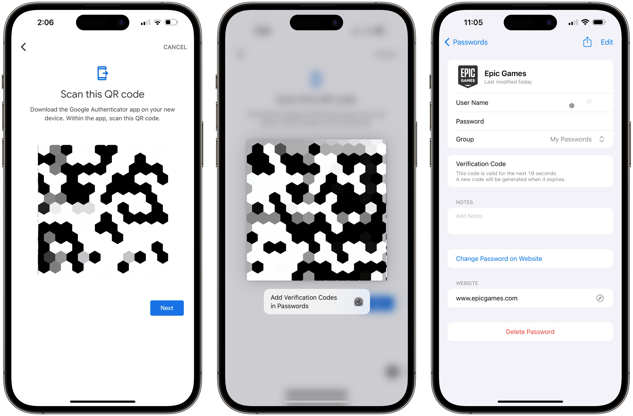 In Google Authenticator, I took a screenshot of the QR code, which I long-pressed in the Photos app (center). iOS 17 offered to set up the code in Passwords with an embedded deeplink.