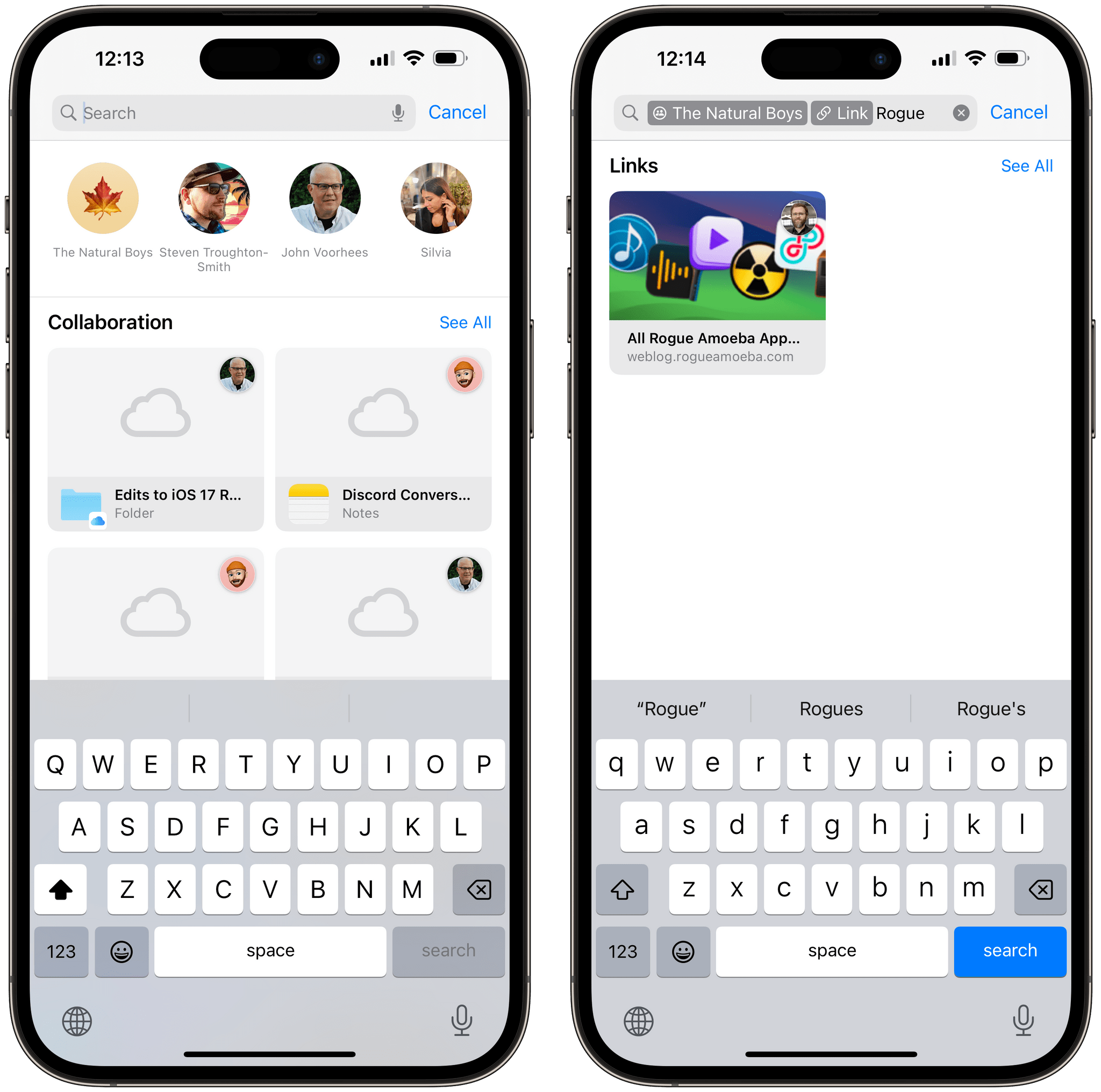 The new search interface of the Messages app.