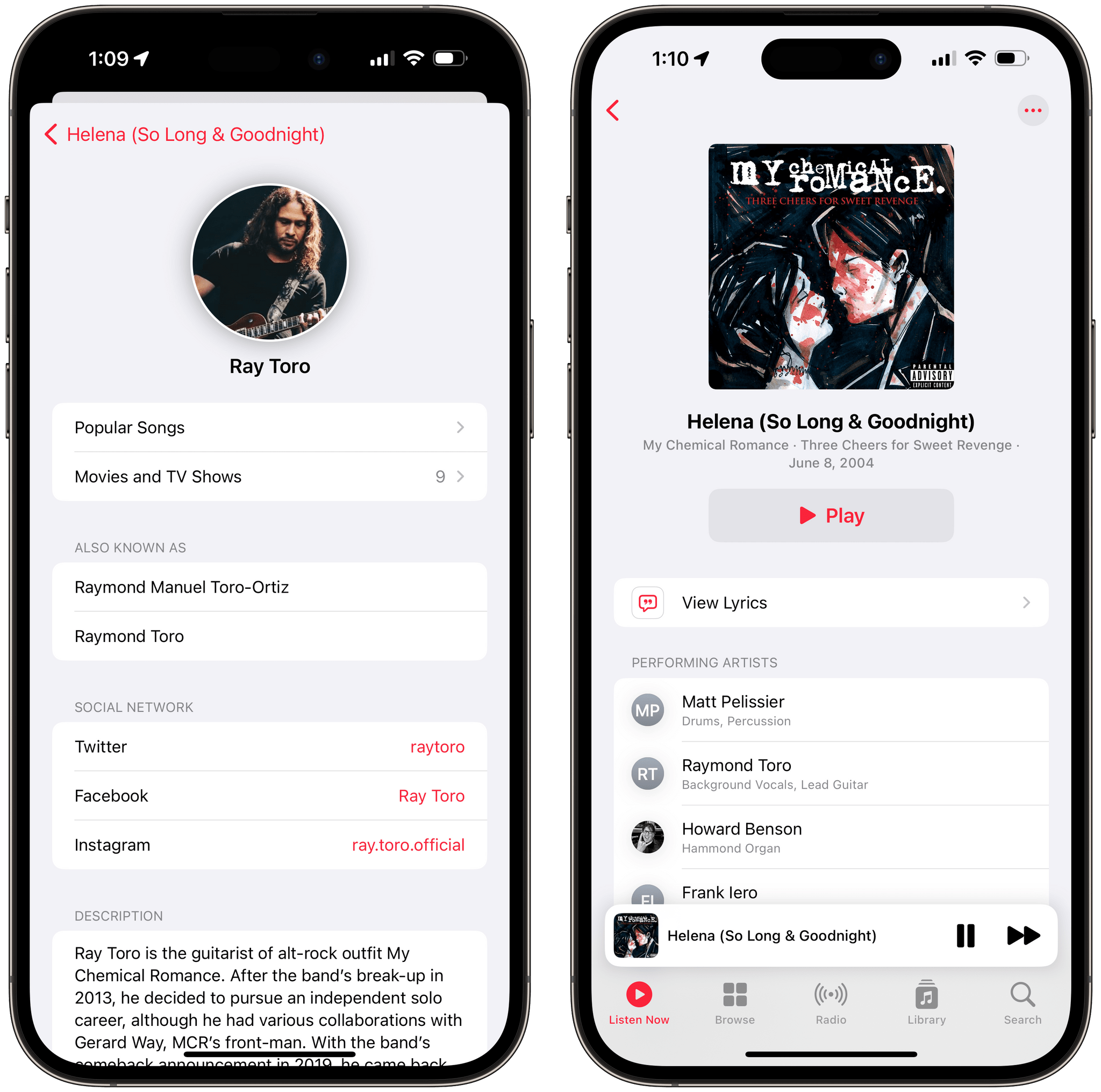 MusicSmart (left) lets you tap on people listed in credits to explore more of their work; Apple Music doesn't.