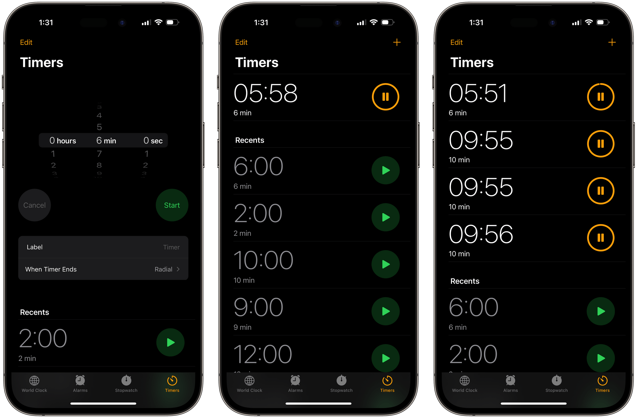 Multiple timers in the Clock app.