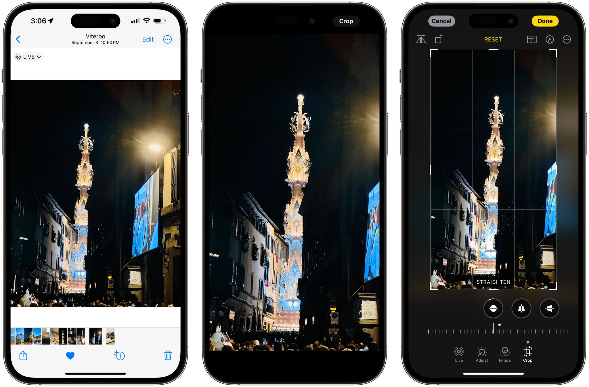 The faster crop flow in iOS 17. Just zoom in on a photo and press the 'Crop' button.