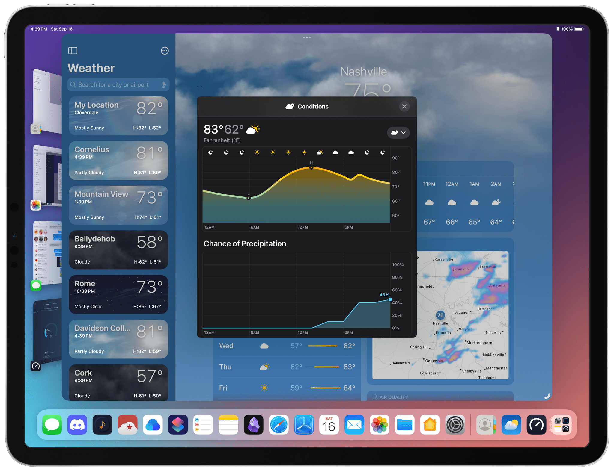 Hourly precipitation predictions for a full 10 days.