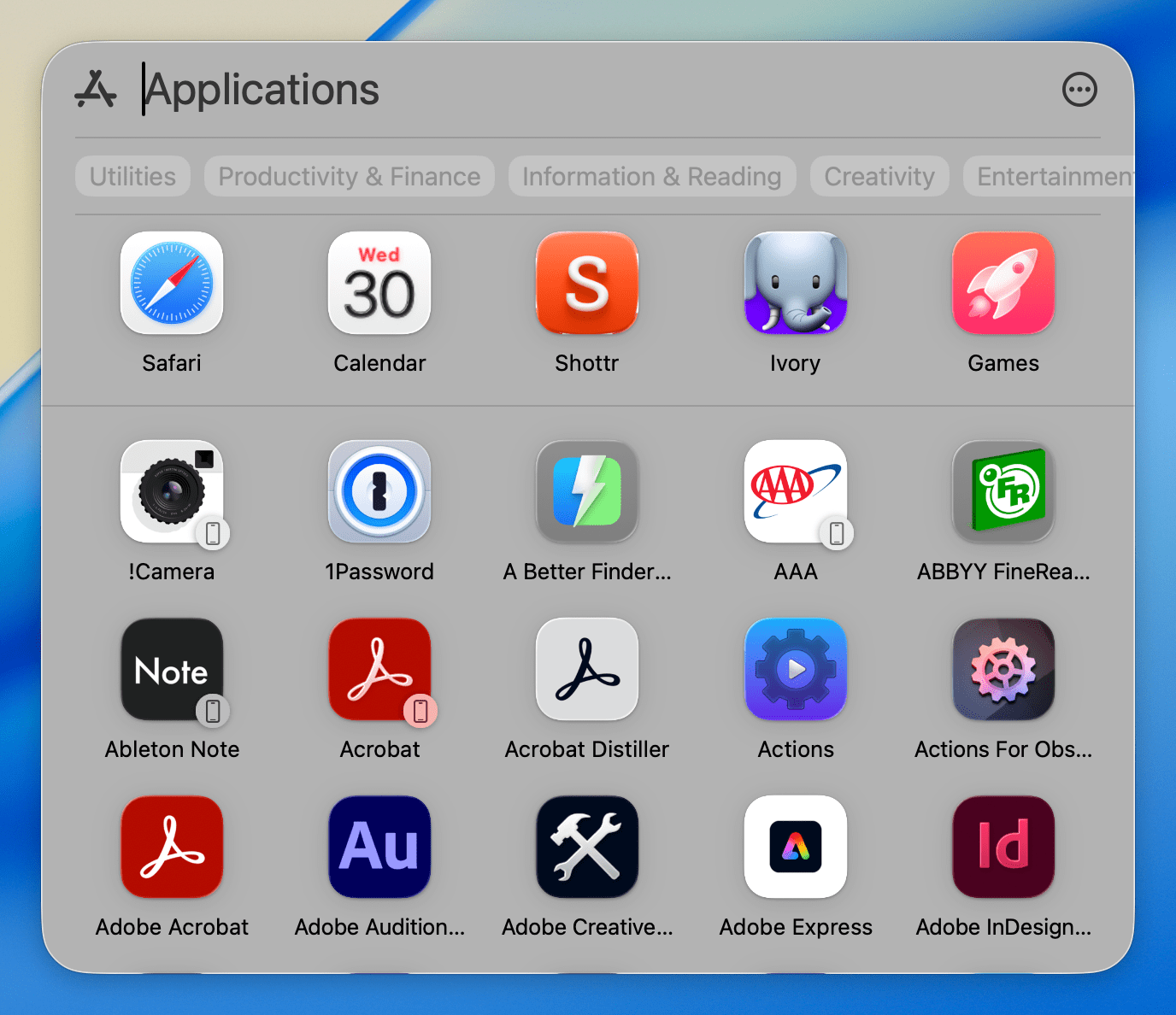 The top row of Spotlight's App section offers suggested apps, followed by all of your other apps, including iPhone apps if you'd like.