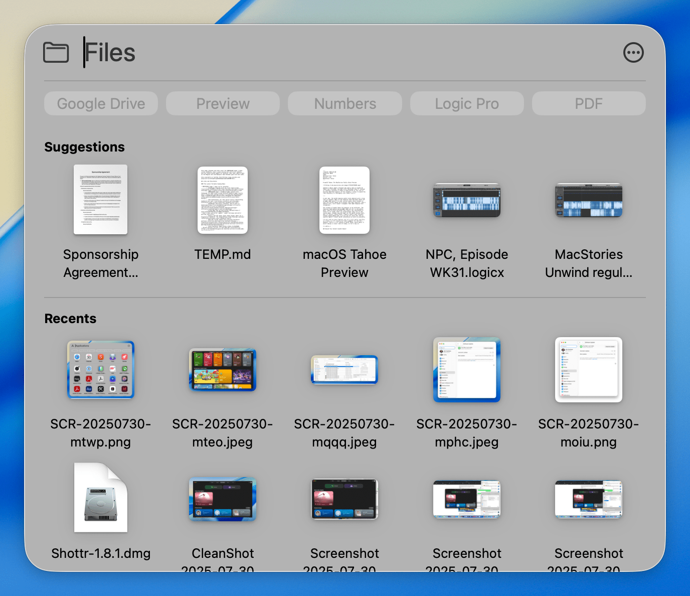 Spotlight's Files section makes suggestions followed by recents, which are in line with what I've been working on today.