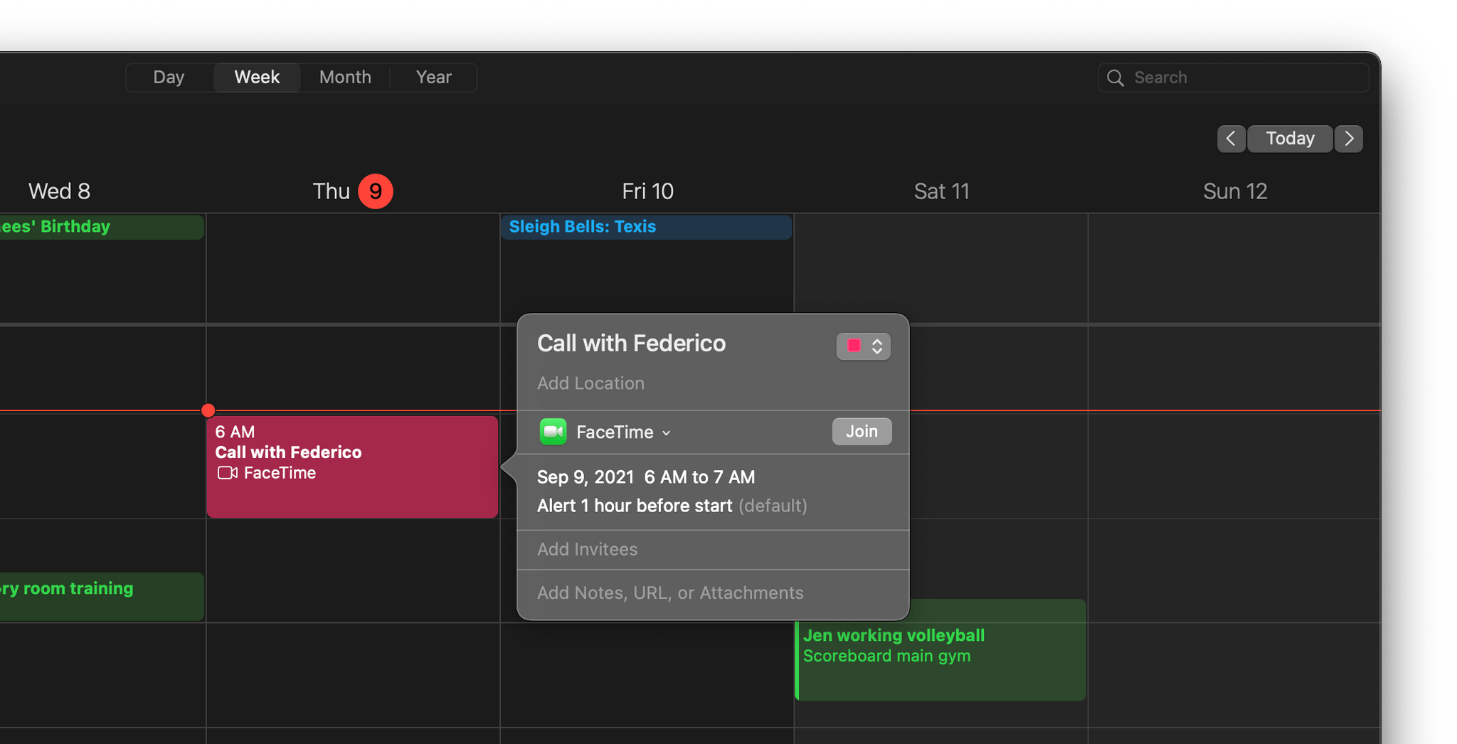 Setting up a FaceTime call link in Calendar.