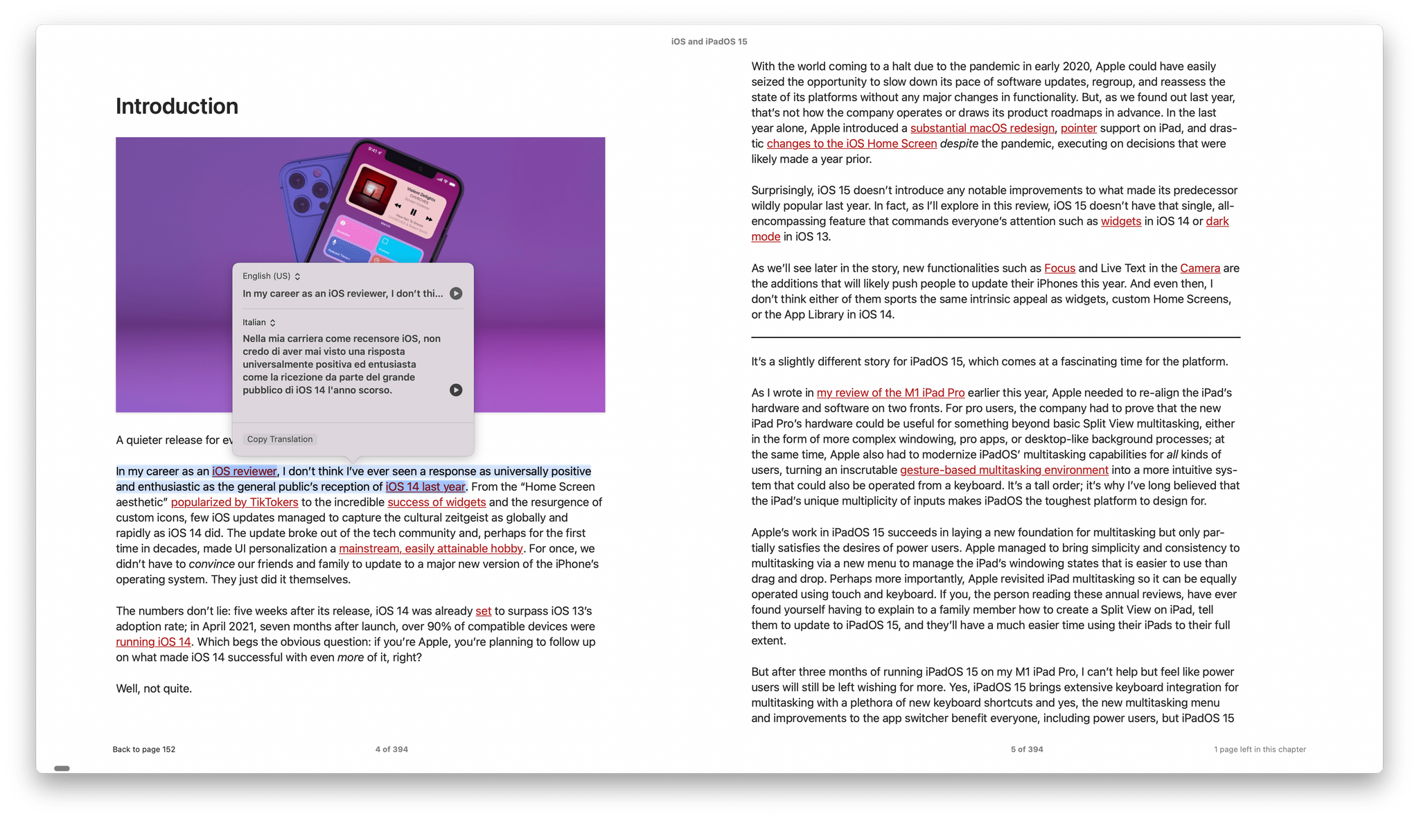 Translating the introduction of Federico's iOS and iPadOS 15 review into Italian in Books.