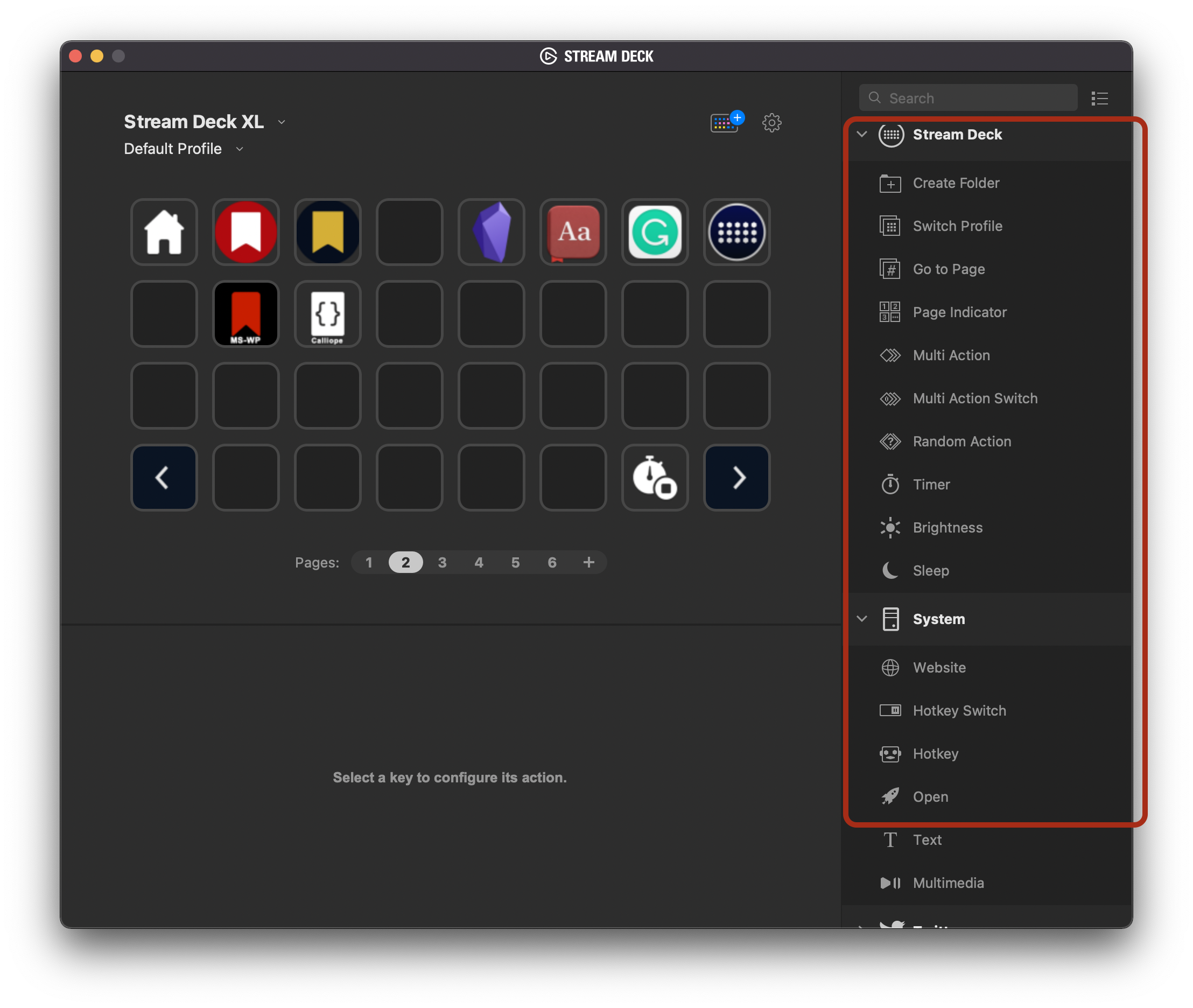 Most of the actions you need are in just two sections of the Stream Deck app's sidebar.