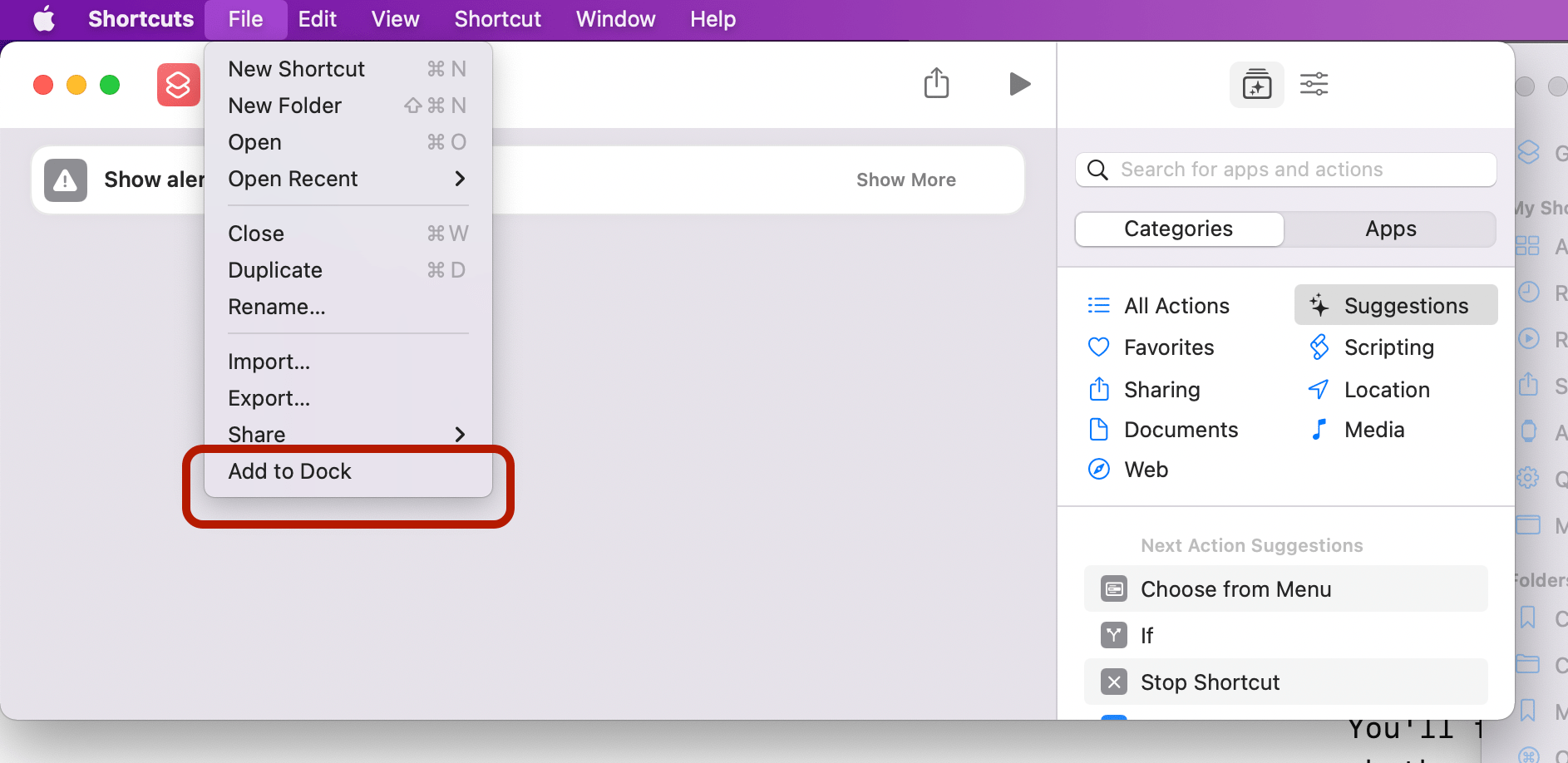 The File menu's Add to Dock' command.