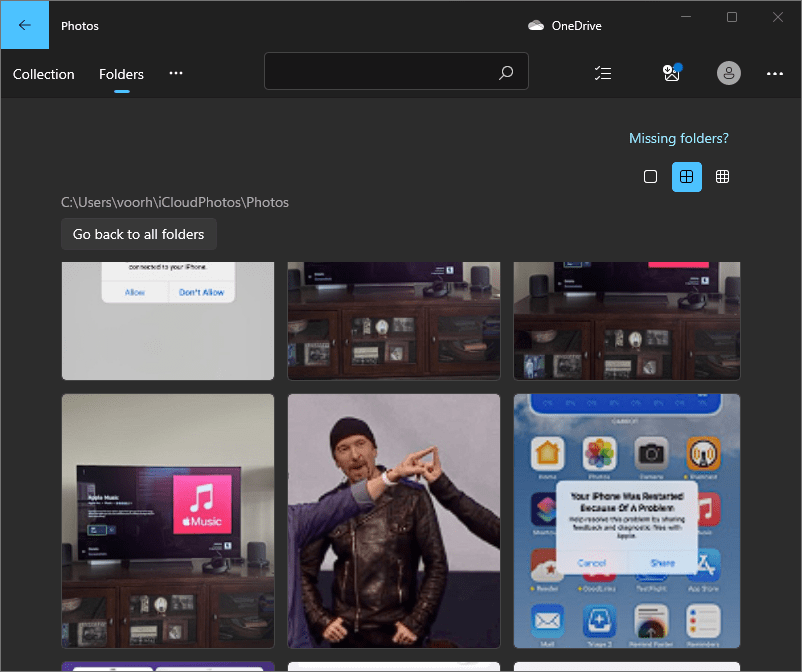 Some recent photos from my iCloud Photo Library in the Windows Photos app.