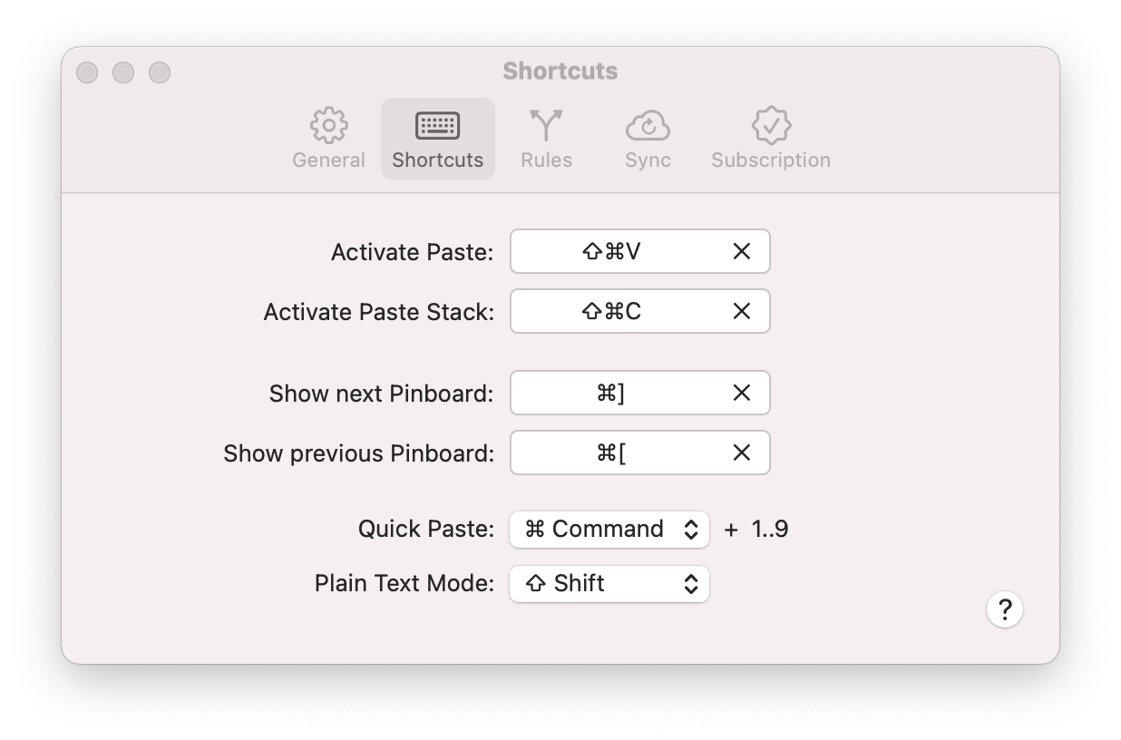 Paste's keyboard shortcuts settings screen.