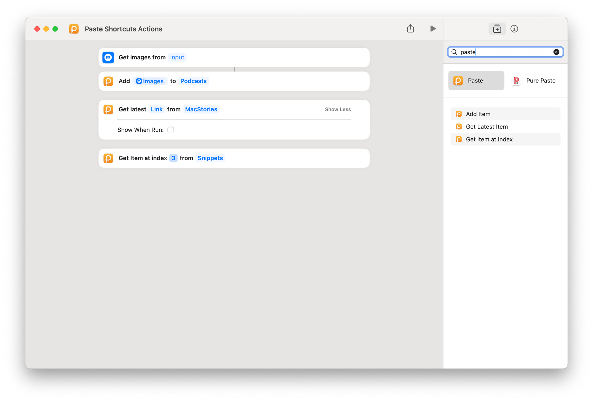 Paste's Shortcuts actions.