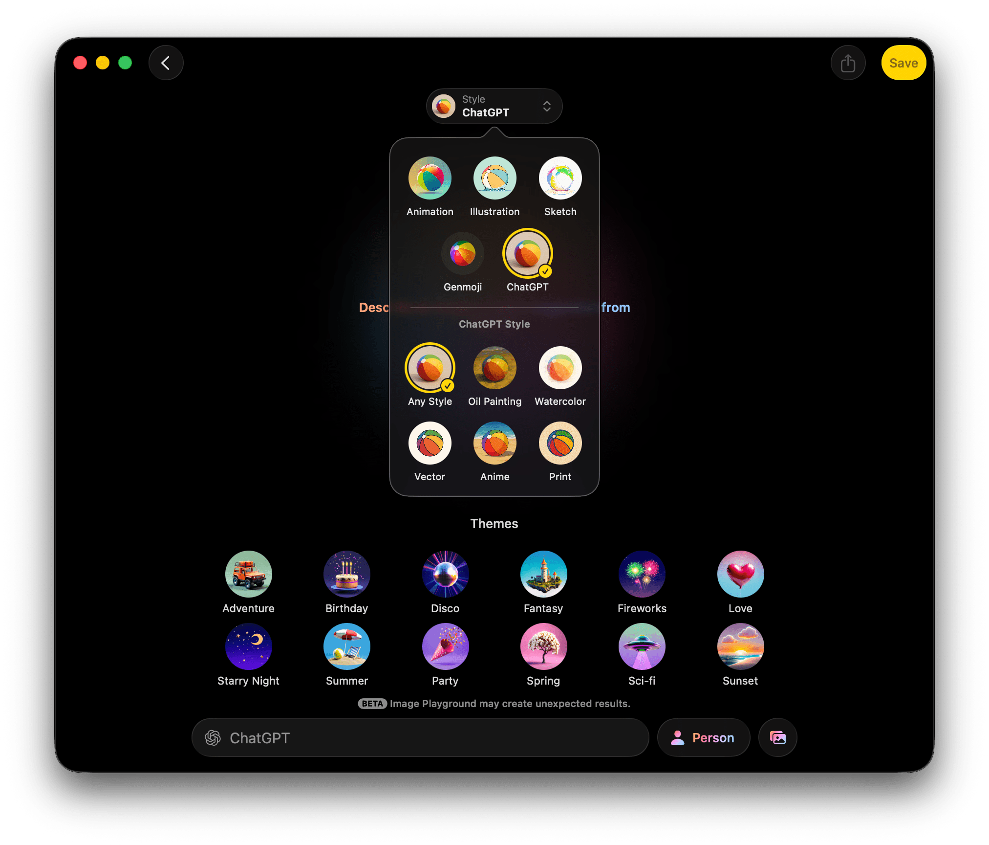 The ChatGPT options in Image Playground.