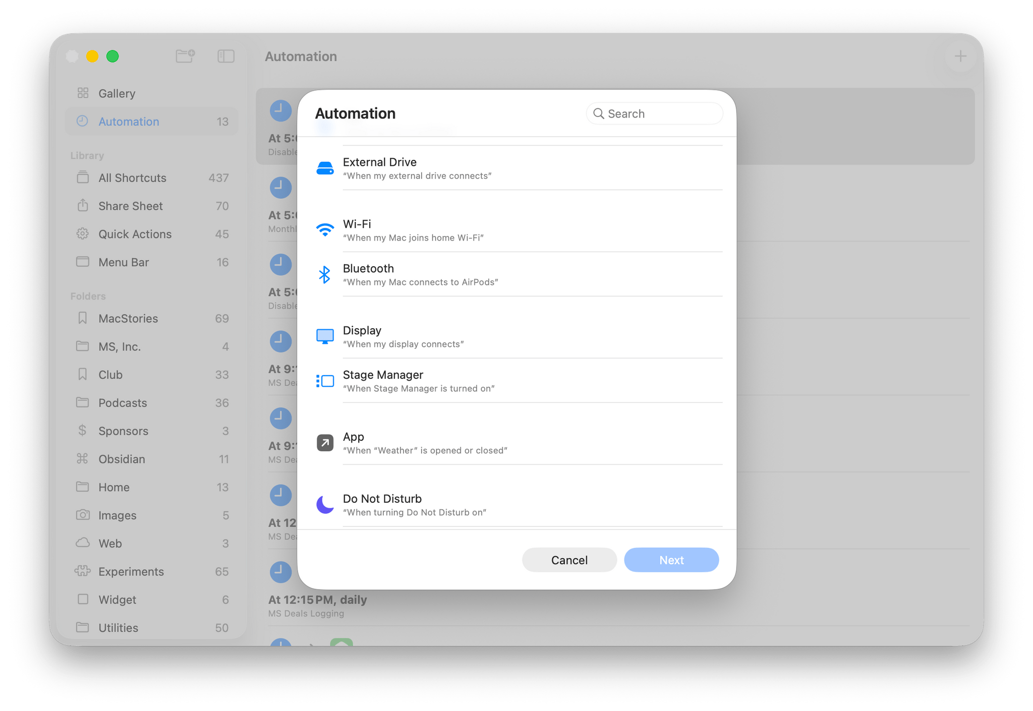 The list of automation triggers is extensive.