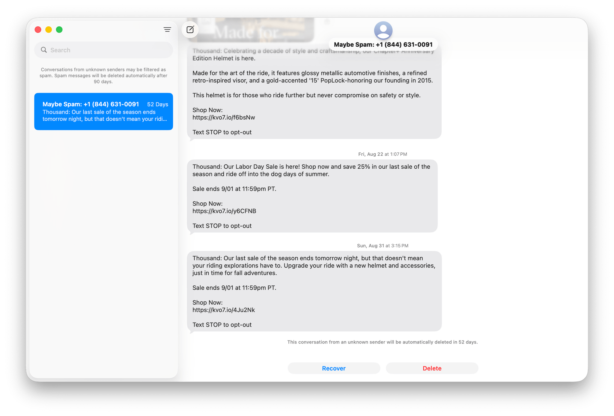 If Messages detects what it thinks is spam, it will put it in a special list for you to review later.