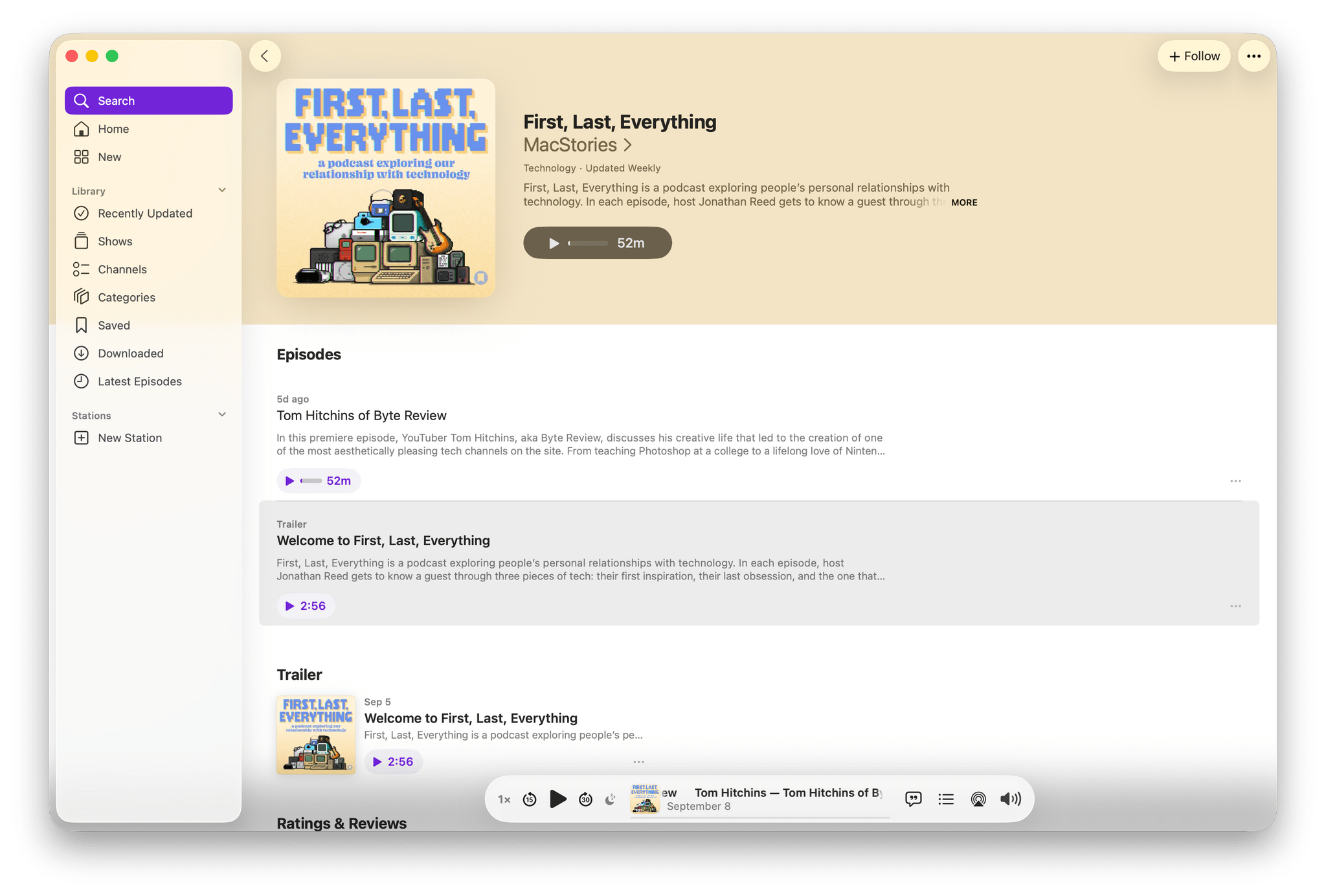 Podcasts' Liquid Glass redesign on the Mac.