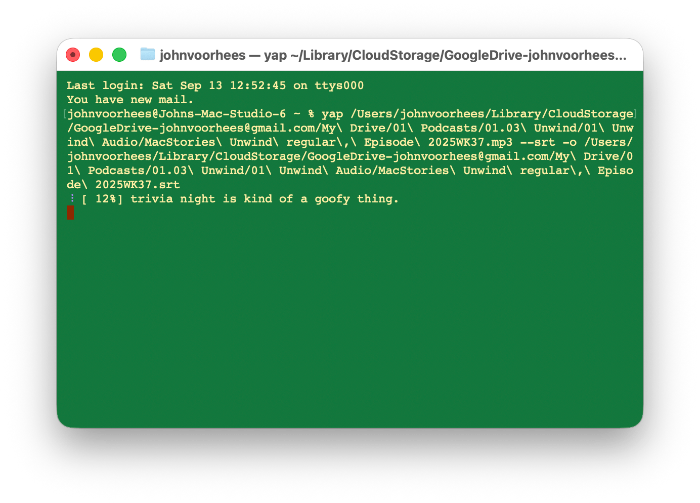 Terminal's grass theme generating a transcript with [Yap](https://github.com/finnvoor/yap?tab=readme-ov-file).