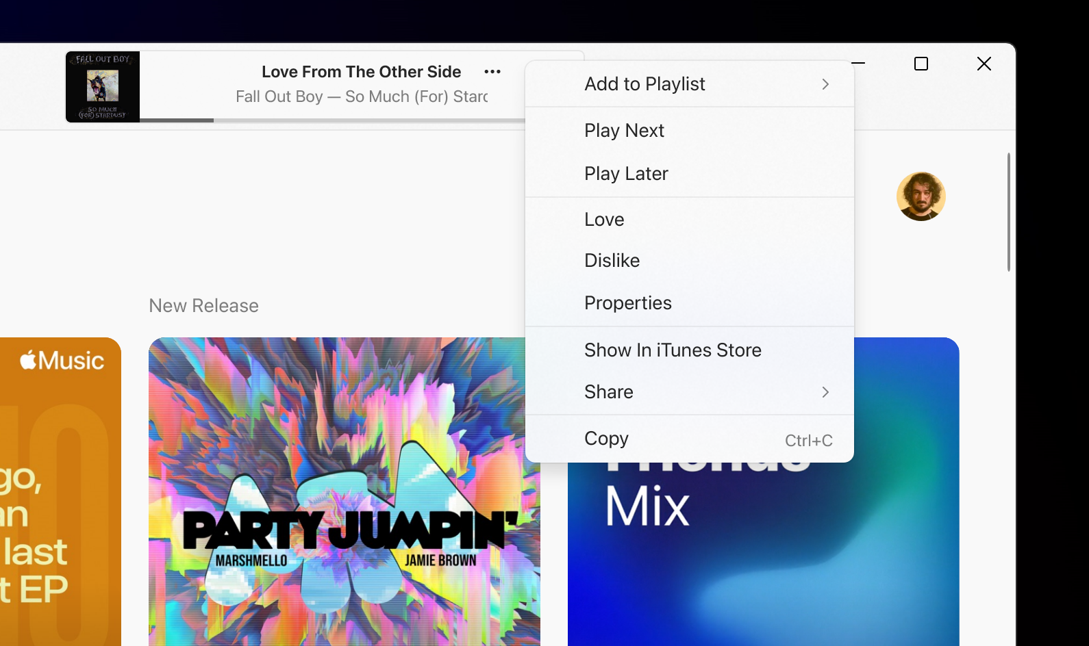 A contextual menu in Apple Music for Windows.