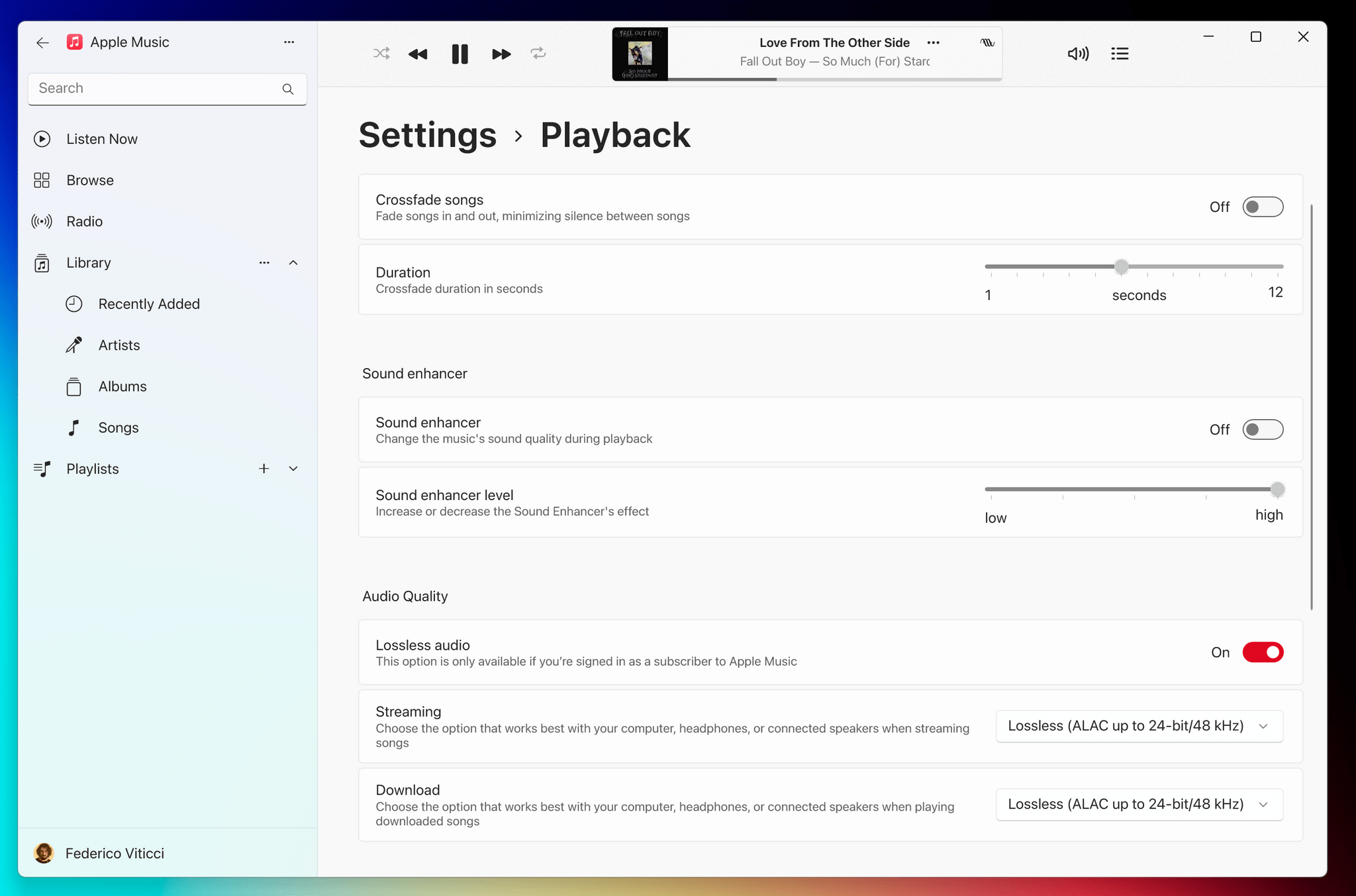 Playback settings for Music on Windows.