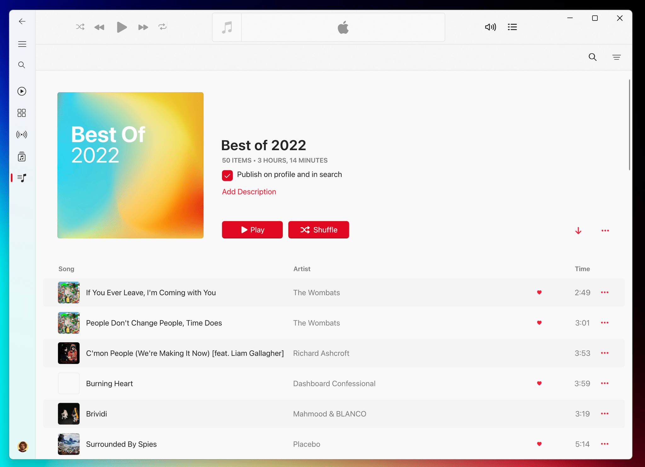 Compact sidebar in Apple Music for Windows.
