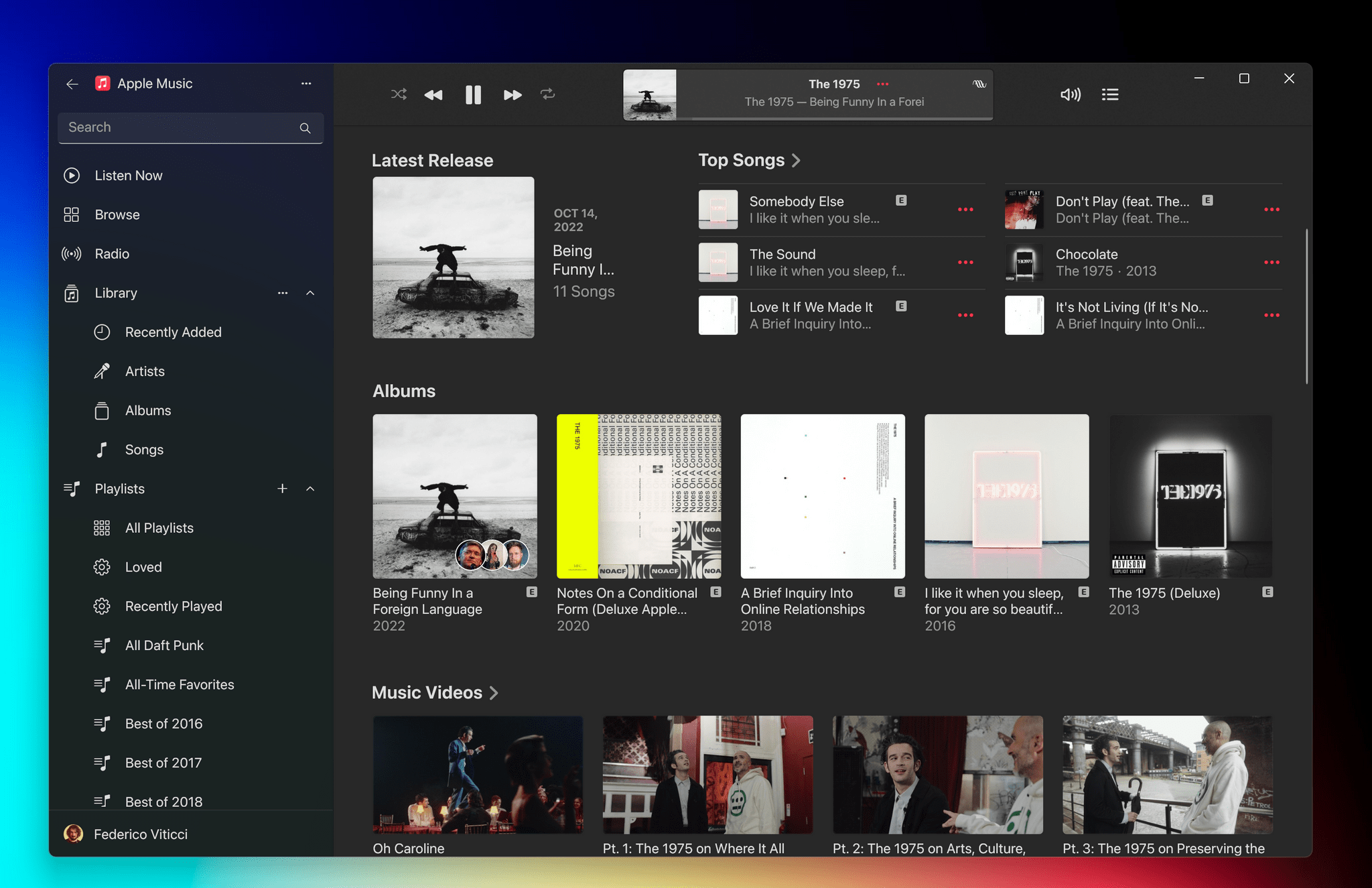 Apple Music for Windows in dark mode.