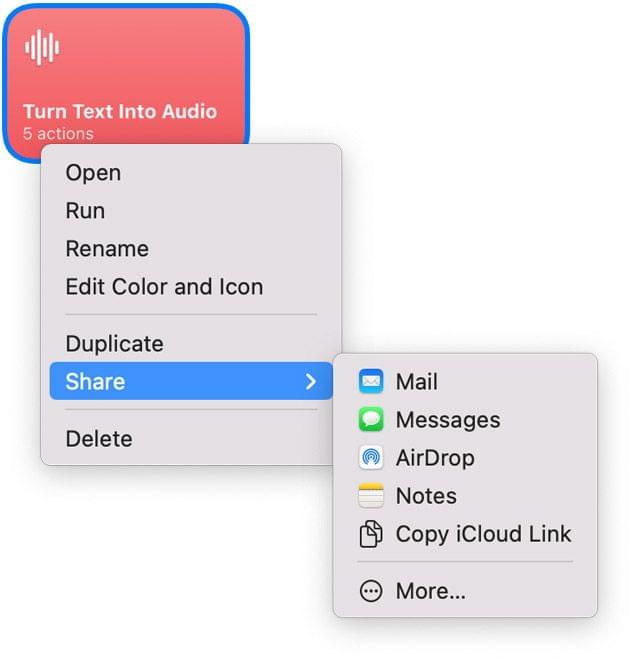 Shortcuts for Mac will offer shortcut sharing using iCloud links and more. Source: Apple.