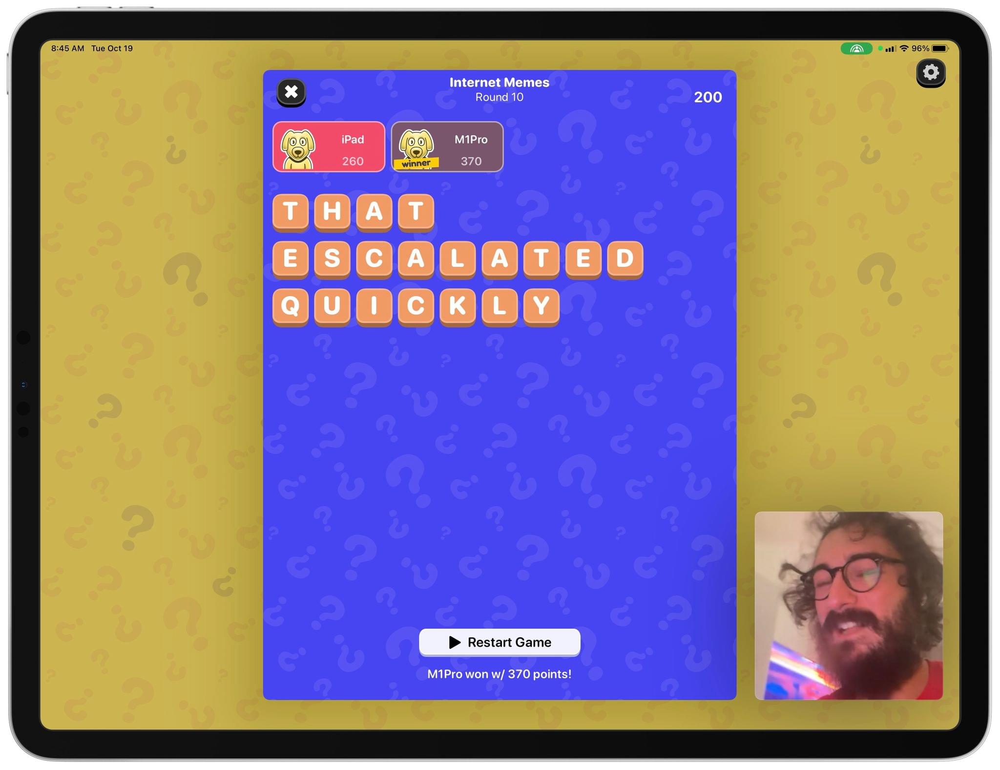 Guessing Game makes a fantastic use of SharePlay and FaceTime for real-time gameplay.