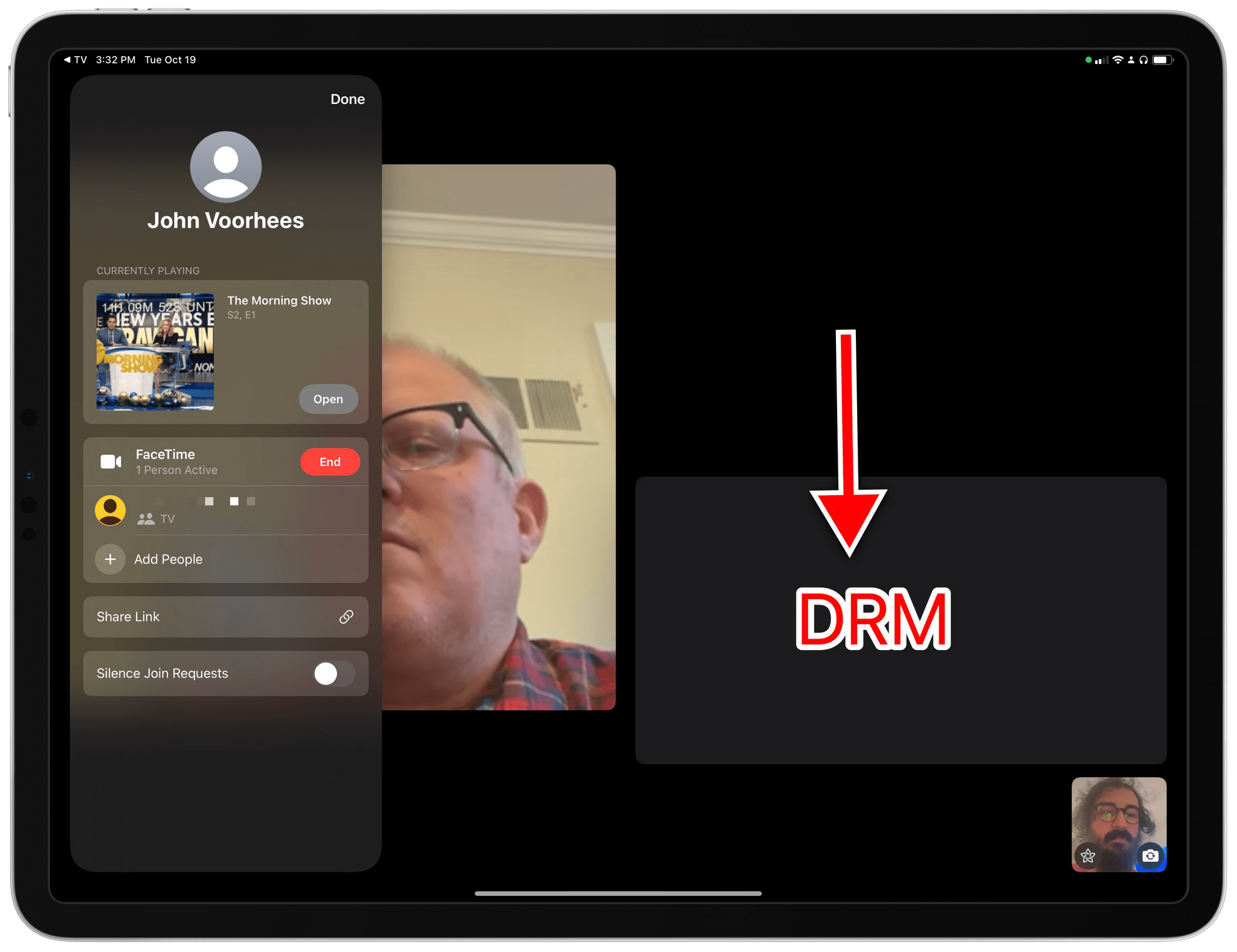 The call inspector in FaceTime shows details about content being shared with SharePlay. The black rectangle is content from Apple TV+, but DRM prevents the ability to take screenshots.