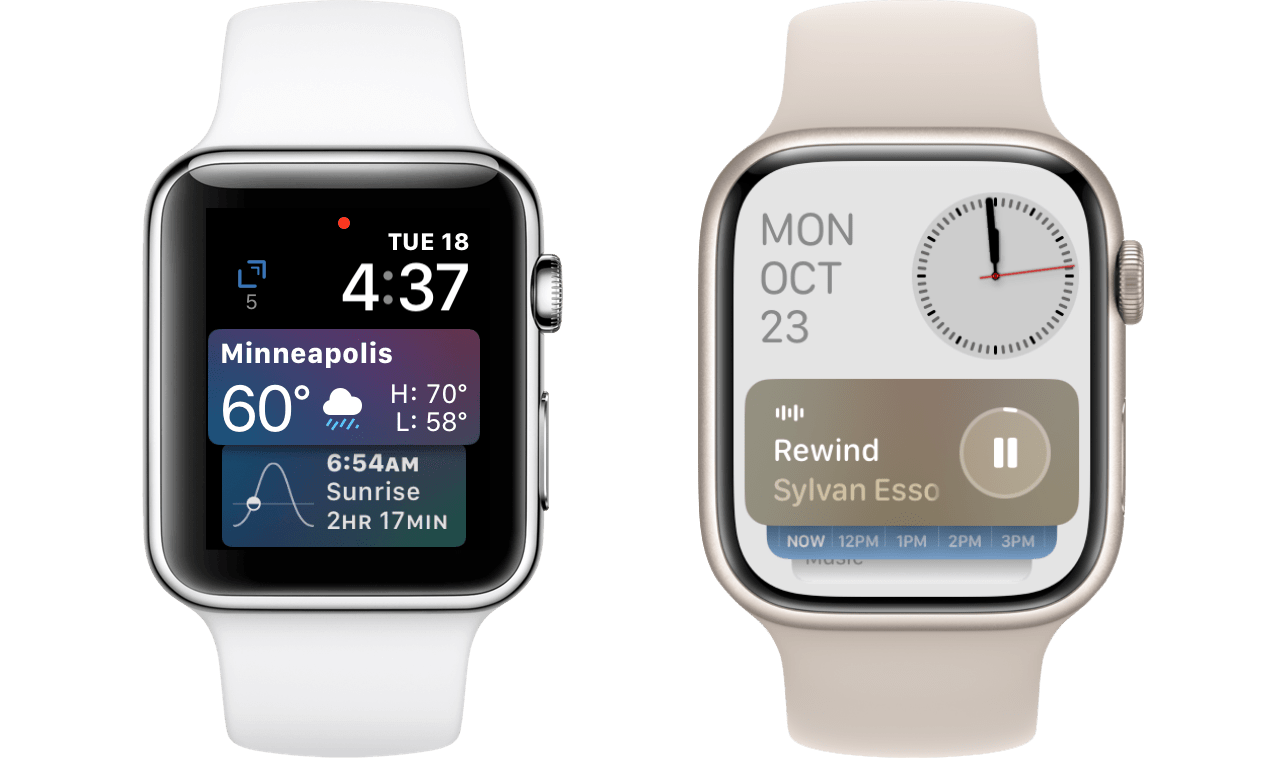Left: the Siri watch face in watchOS 5. Right: the new Smart Stack in watchOS 10.
