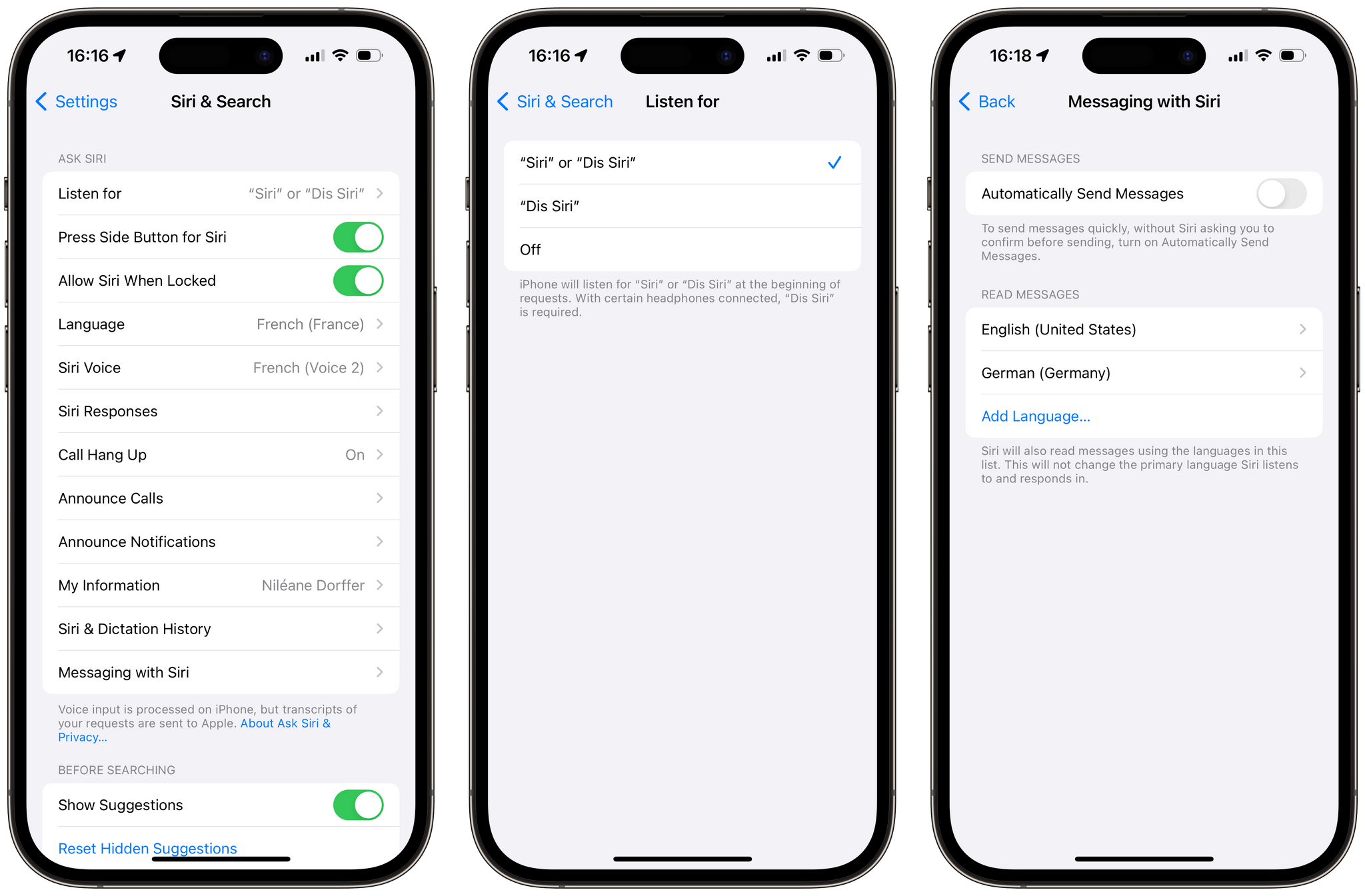 With Siri set to French, I can now say "Siri" instead of the full "Dis Siri." In Settings → Siri & Search → Messaging with Siri, I can now also add English and German as one of the languages Siri will read my messages in.