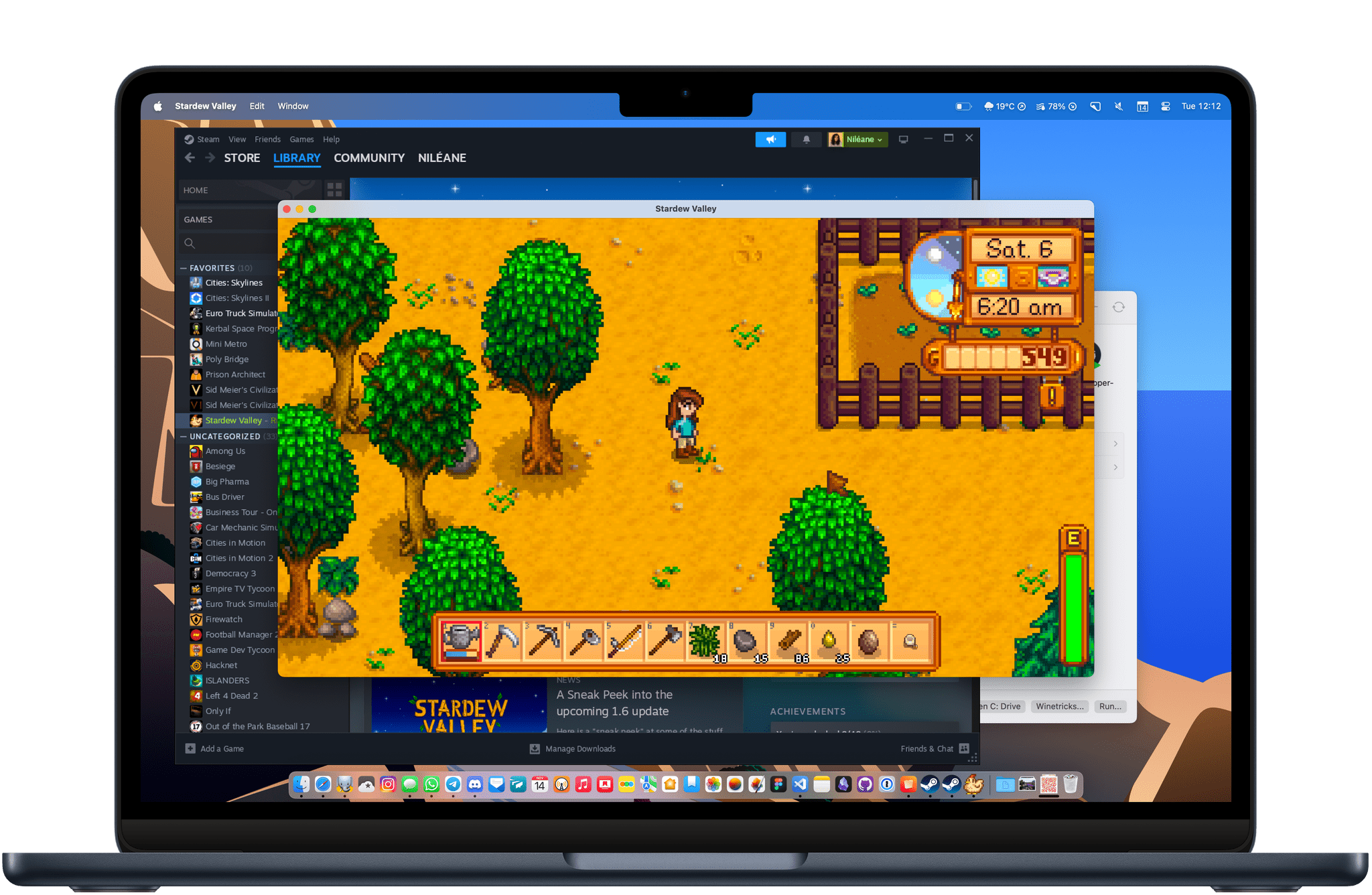 Stardew Valley can run natively on macOS, but installing the Windows version allowed me to resume an old save I had started on my previous Windows PC. Whisky is a great solution for running these lovely indie games that are not always available on macOS.
