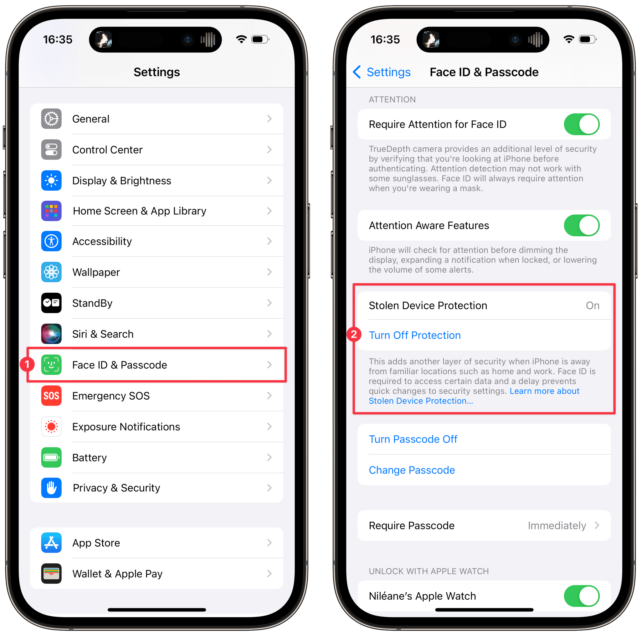 To turn on Stolen Device Protection in Settings, navigate to 'Face ID & Passcode' (1), scroll down to 'Stolen Device Protection', then tap 'Turn On Protection' (2).