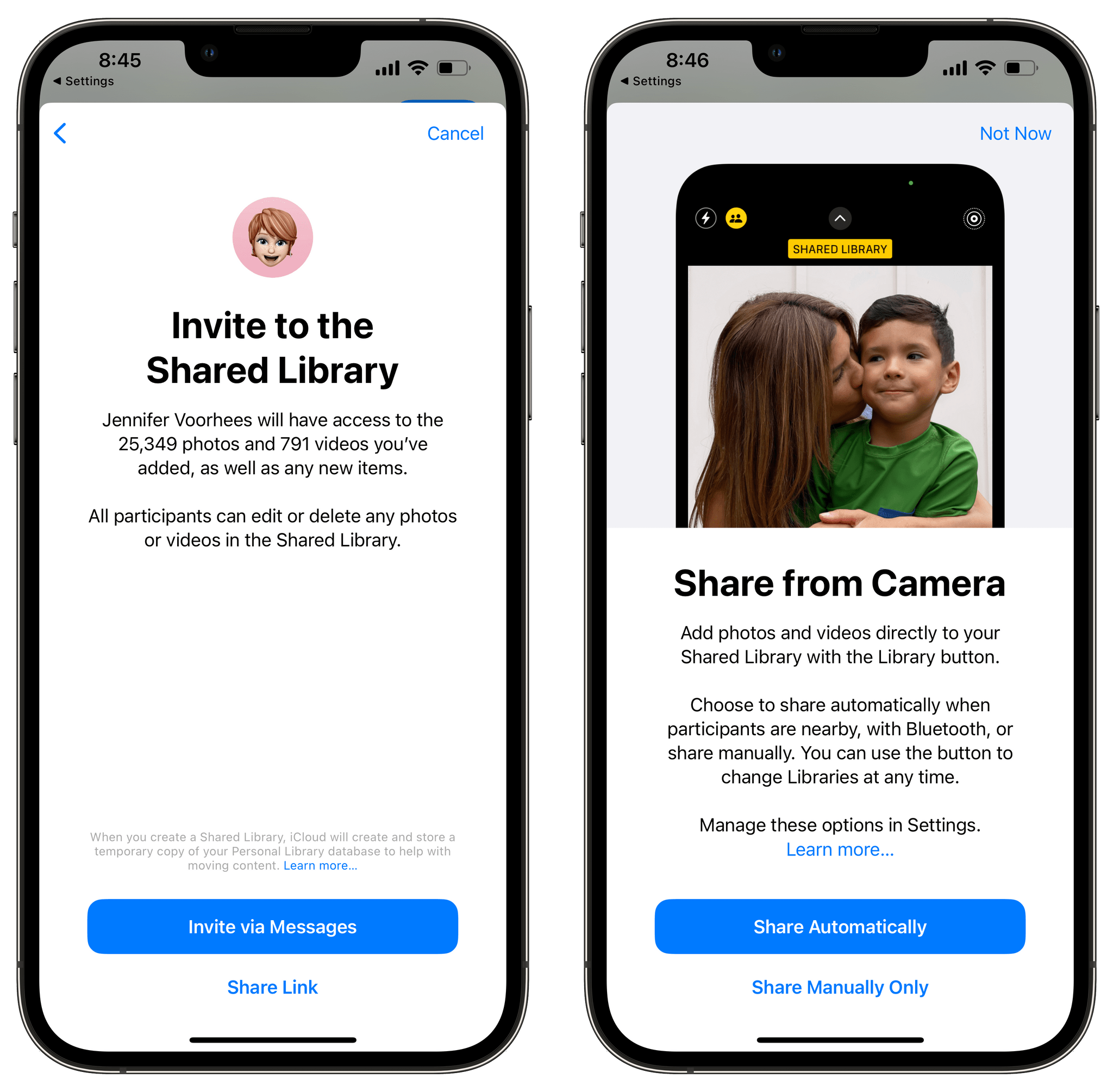 The invitation process and sharing manually using the Camera app.