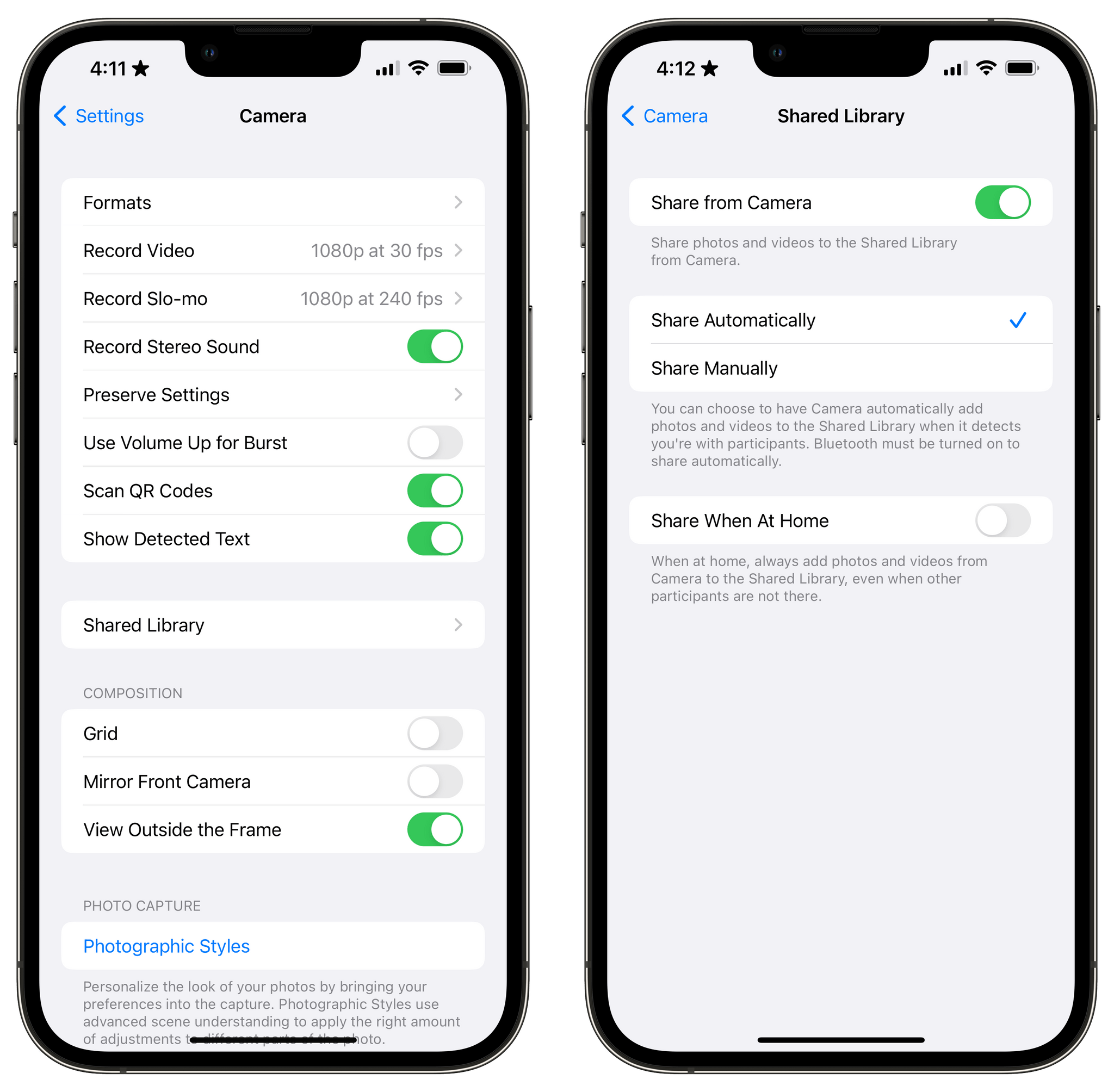 The Camera app's settings let you control how images are shared.