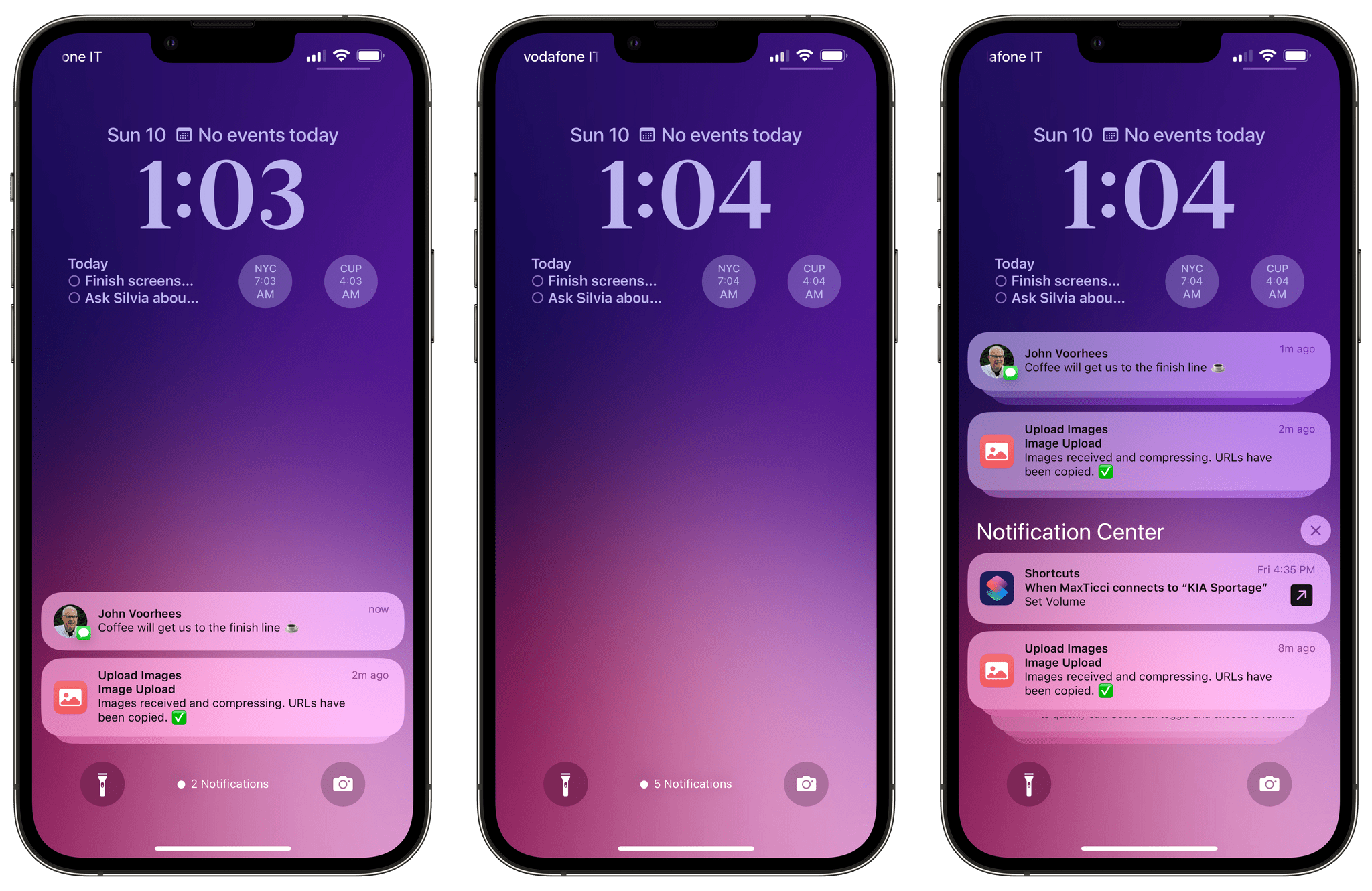 The new Lock Screen in iOS 16. Notifications now roll in at the bottom of the screen (left), can be made more compact with a swipe down (center), and you can still open the full Notification Center (right).
