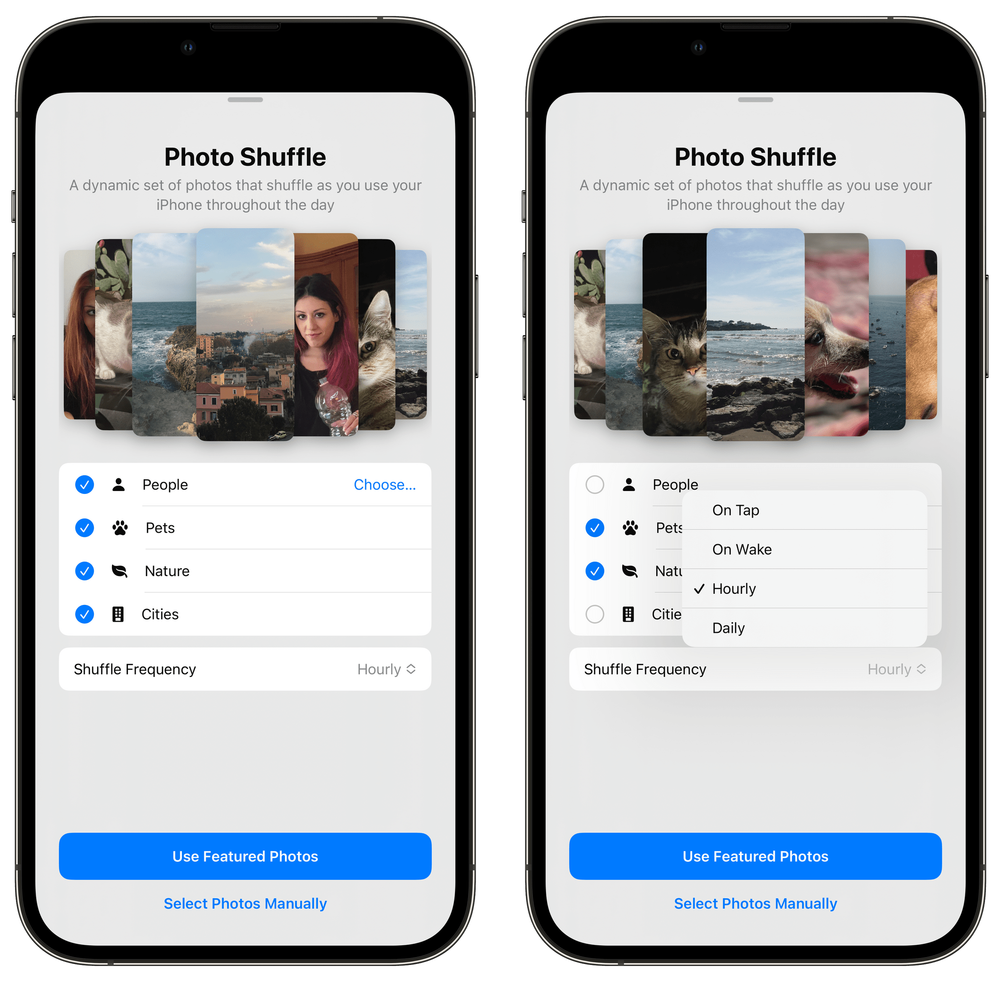 You can set up the Photo Shuffle smart wallpaper choosing from content types found in your Photos library.