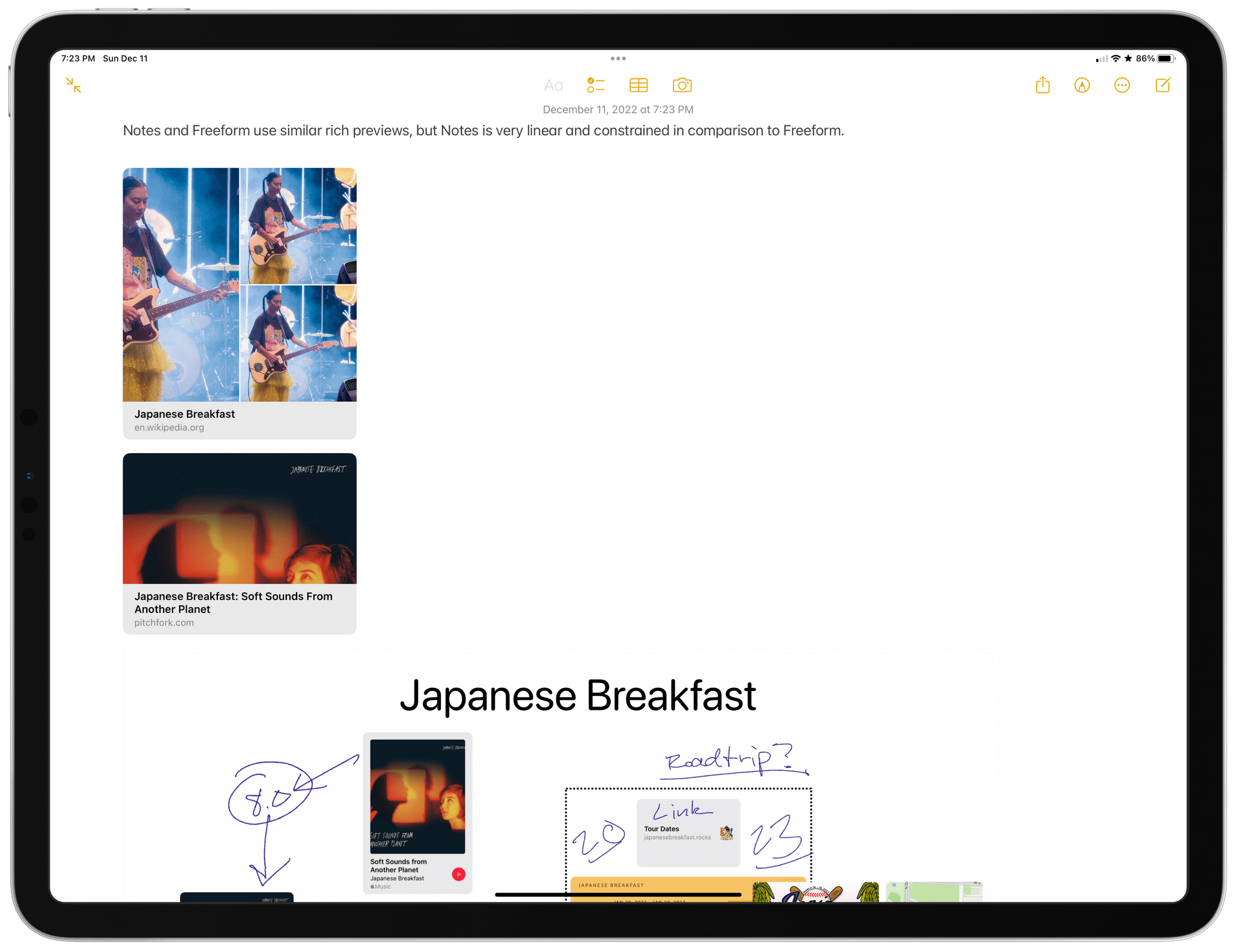 There's overlap in the way Notes and Freeform handle different kinds of media, but Notes is far less flexible.