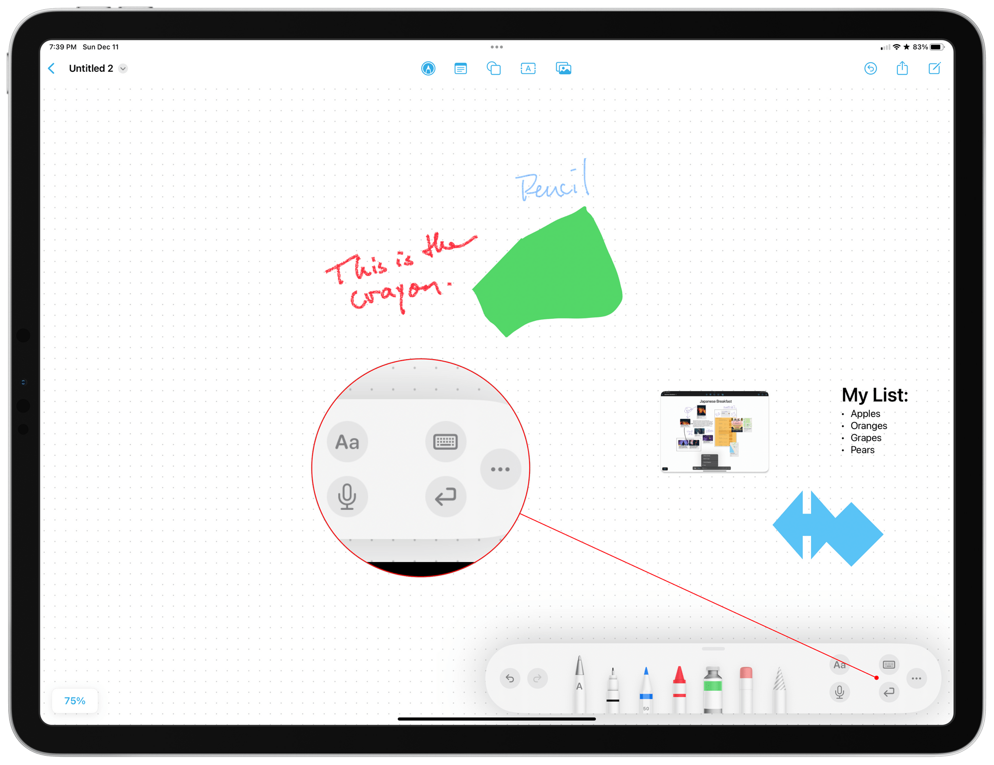 Using the Scribble tool, you can also easily access dictation.