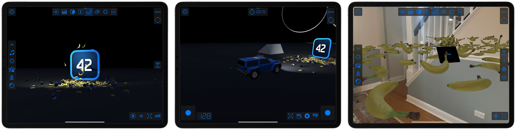 PCalc's About screen can render 3D objects and includes a car racing game and AR mode.